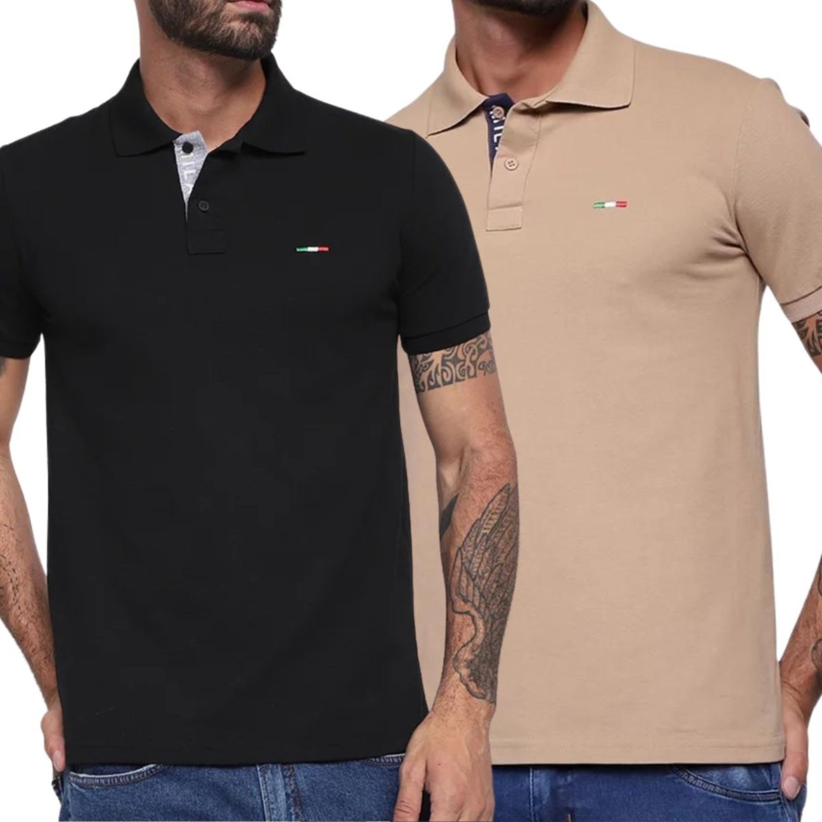 Kit 2 Polos FMF Masculina Básicas Piquet no Estilo Tommy Bordado Itália Preto Bege