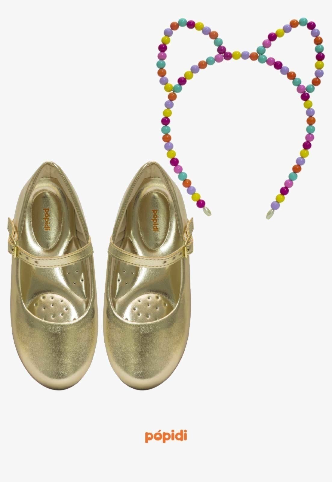 Infantil – Kit Sapatilha Dourado Pópidi Com Tiara Gatinho