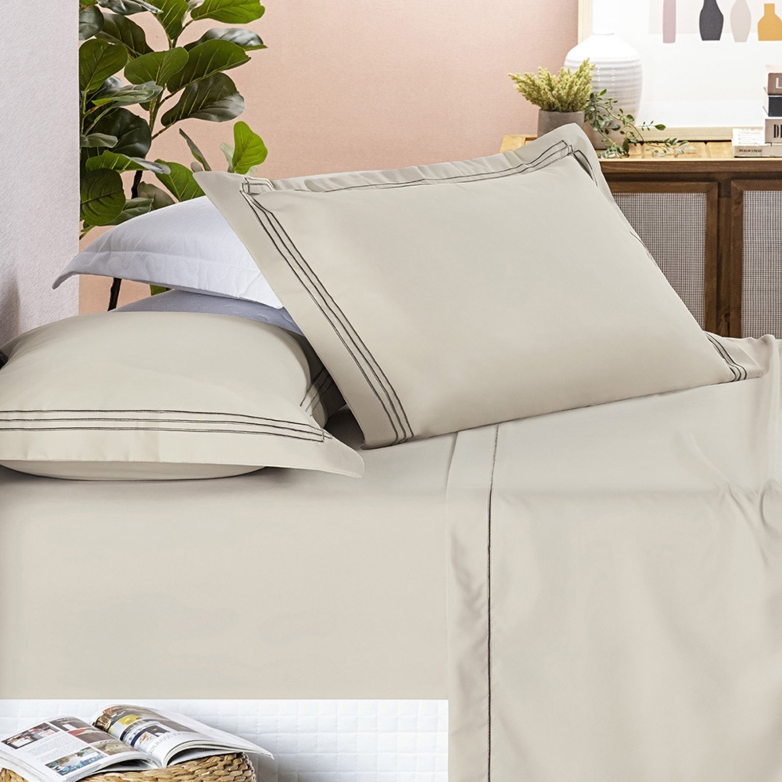 Jogo Cama Lençol Trivio Casa Scarpa Casal 400 Fios Bordado Fronhas Aba Americana 4 Peças Bege
