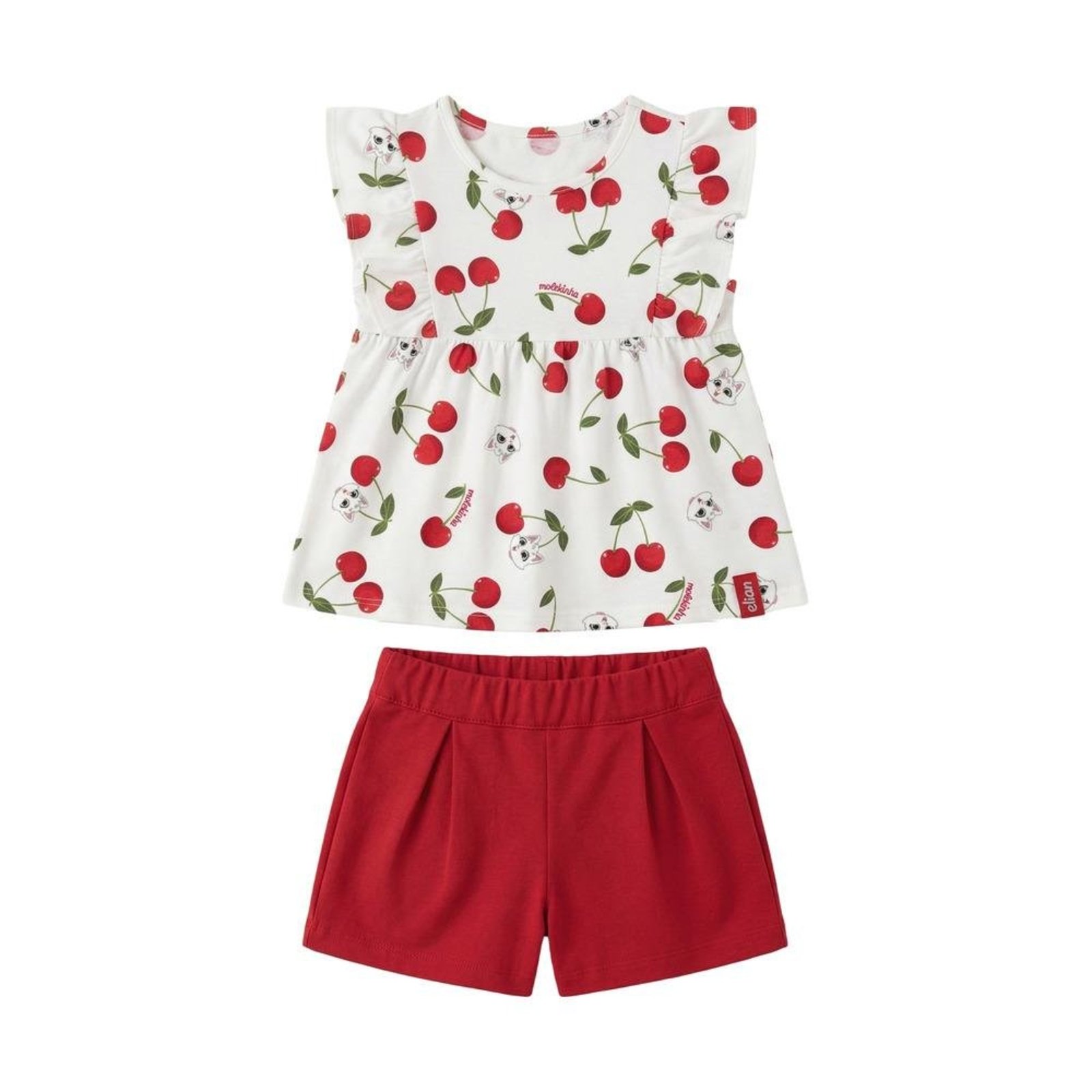 Infantil - Conjunto Feminino Blusa Estampa Cereja Shorts Elian Branco Vermelho 1 Vermelho