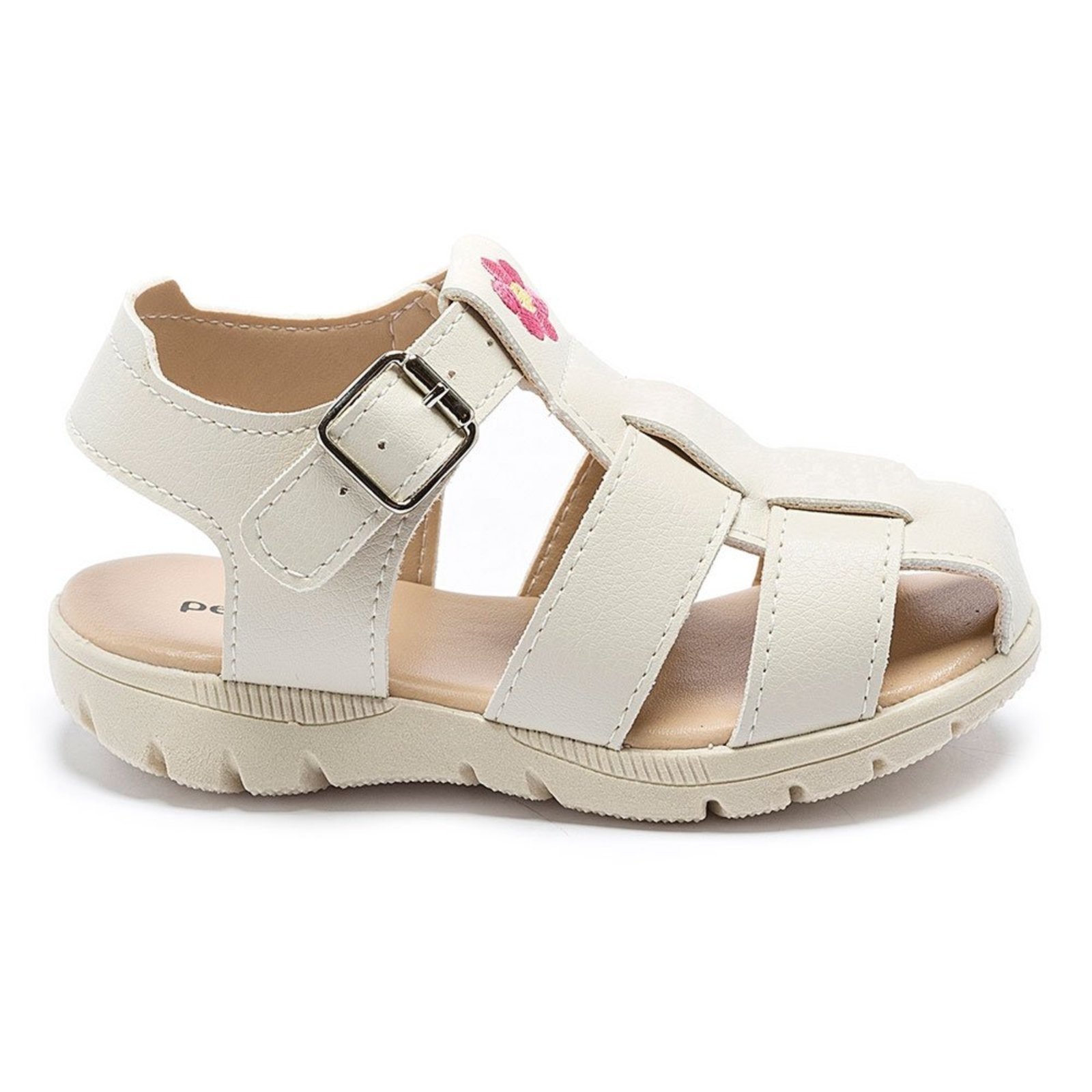 Vista 3 Infantil - Sandália Papete Pré- Menina Flor Fivela Pequito off-white/rosa Pequito off-white/rosa