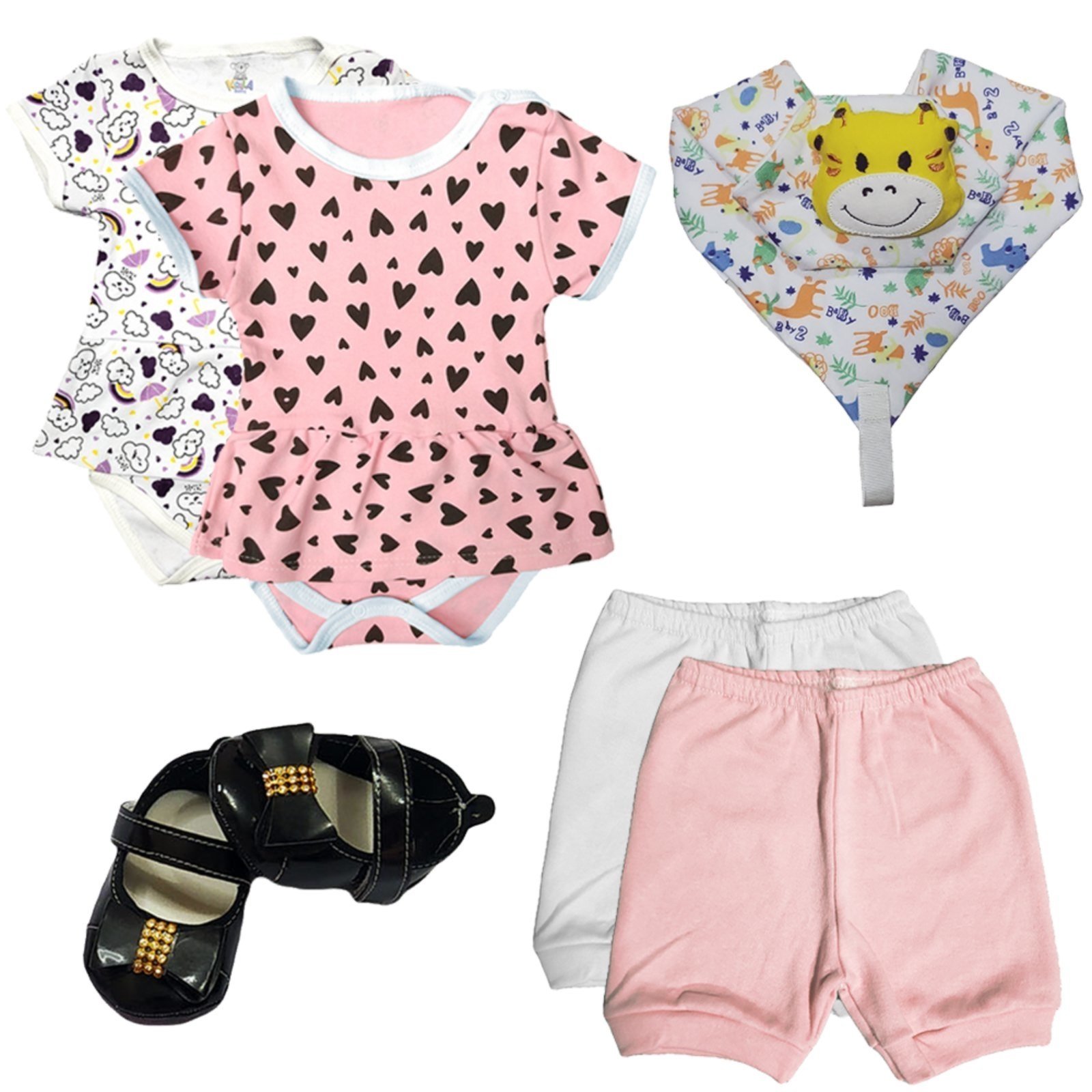 Infantil - Kit 6 Peças Body Balone Short Naninha Sapatinho Menina Rosa