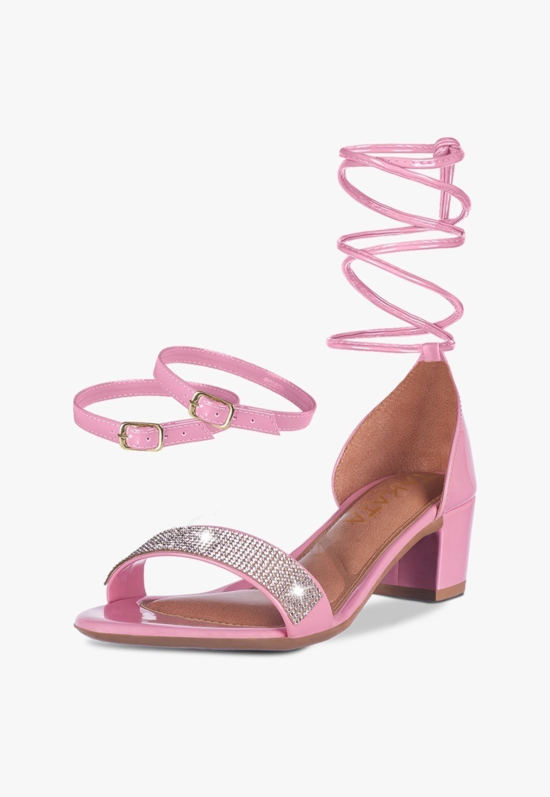 Sandália Feminina Tira Salto Quadrado Bloco Baixo Manta Strass Rosa