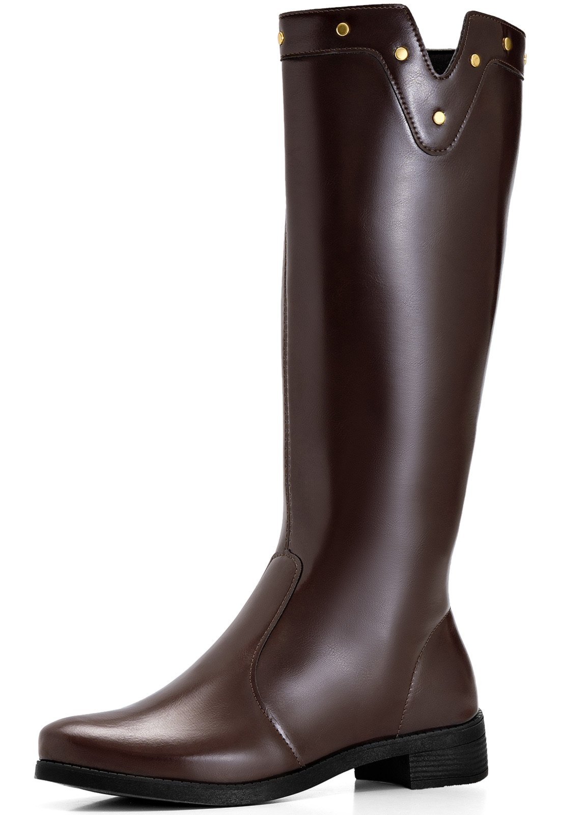 Bota Feminina Lumiss Montaria Cano Alto Salto Baixo Confortável Tachas Bico Redondo Marrom