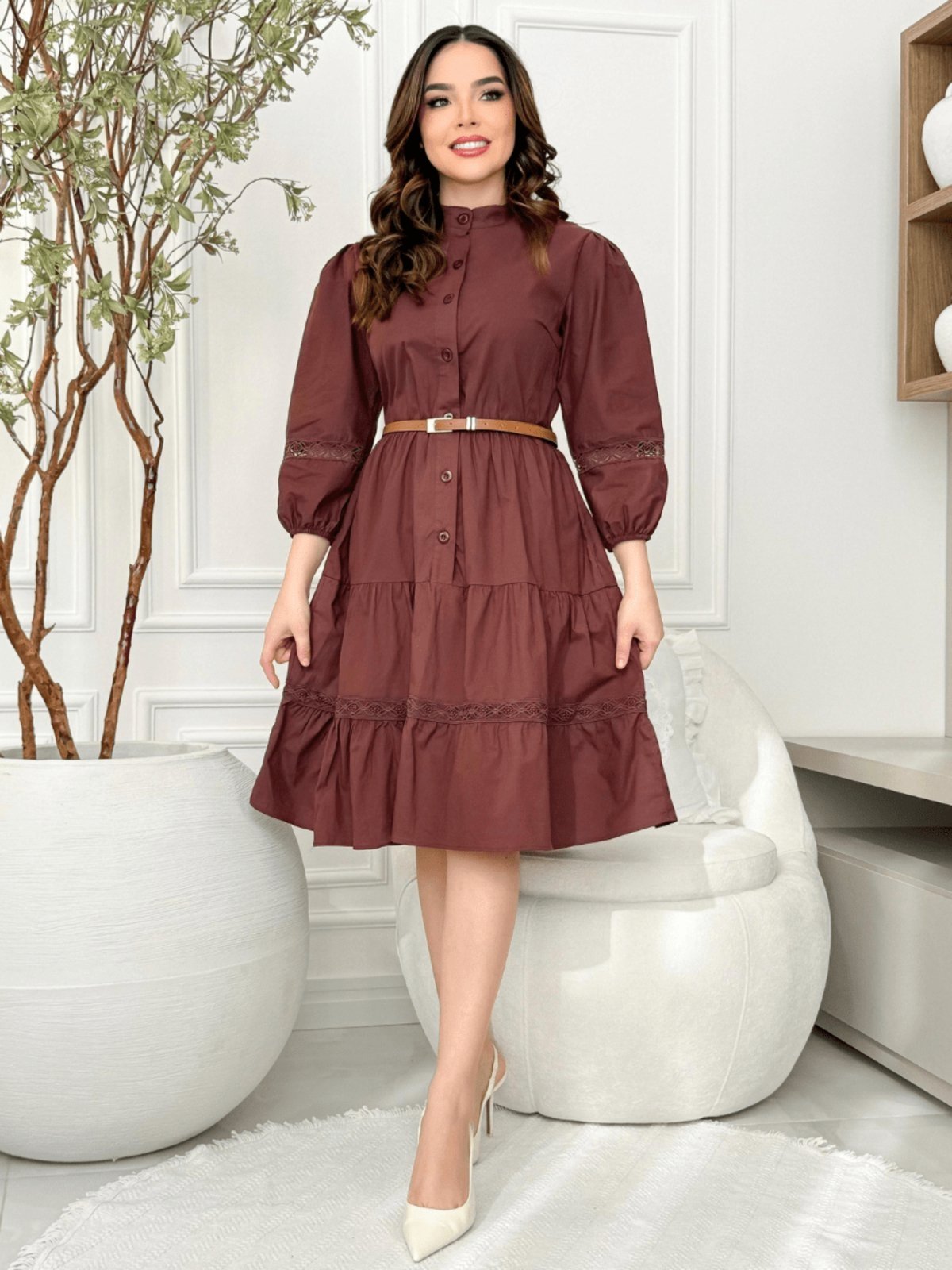 Vestido Midi Chemise com Manga Comprida de Festa Convidada Social Marrom