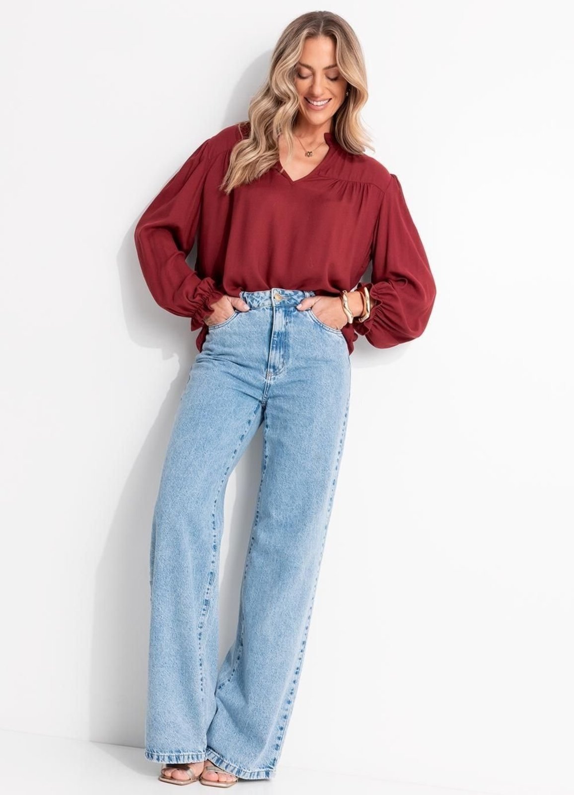Vista 3 Blusa Em Viscose Plana Burgundy Quintess vermelho Quintess vermelho