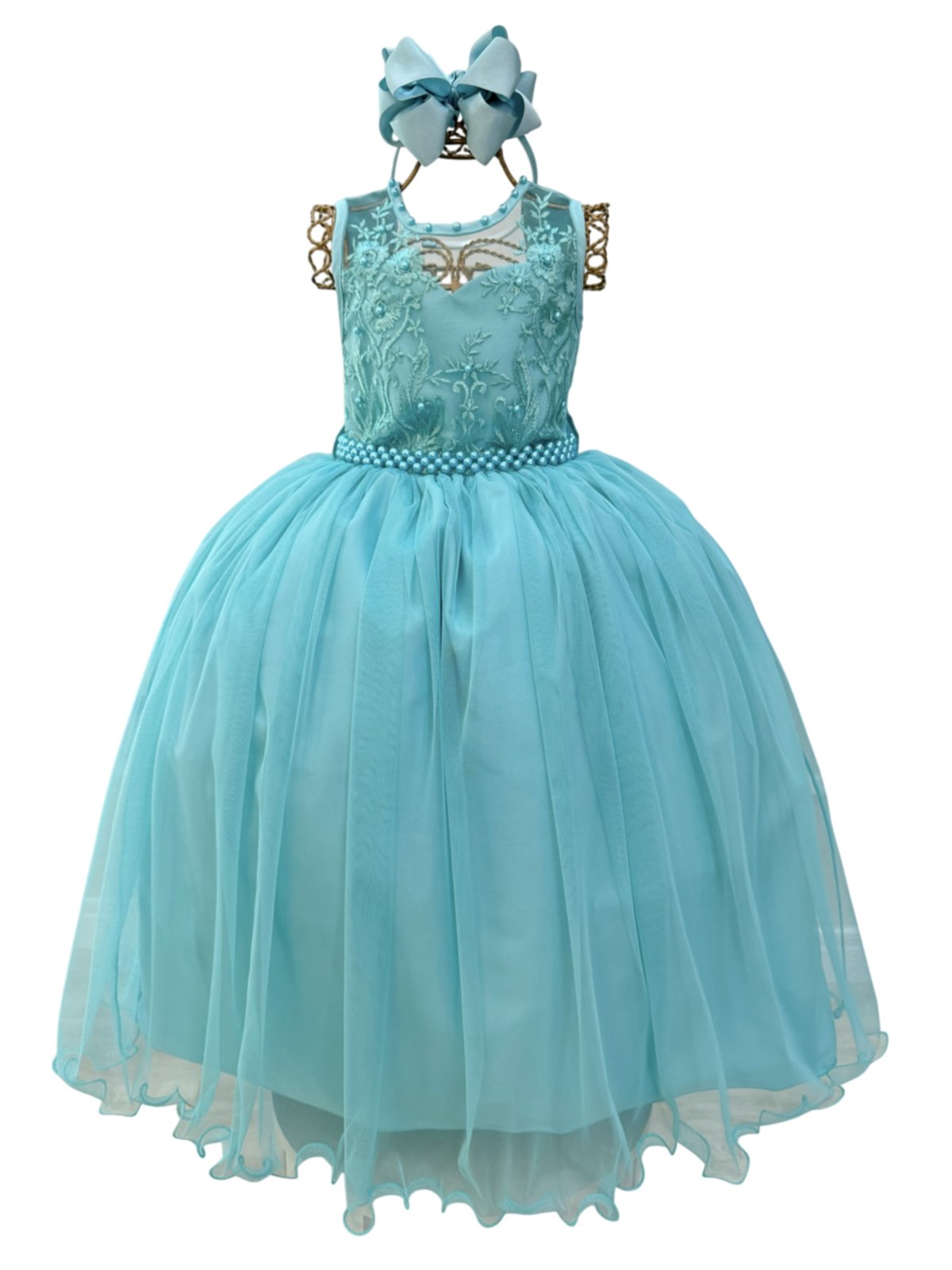 Infantil - Vestido Longo Renda Social Verde Azul Turquesa Tiffany Formatura Luxo Festa Casamento Pérolas Laço Dama Daminha Menina Juvenil Juvenil Princesa Rodado Florista Aniversário