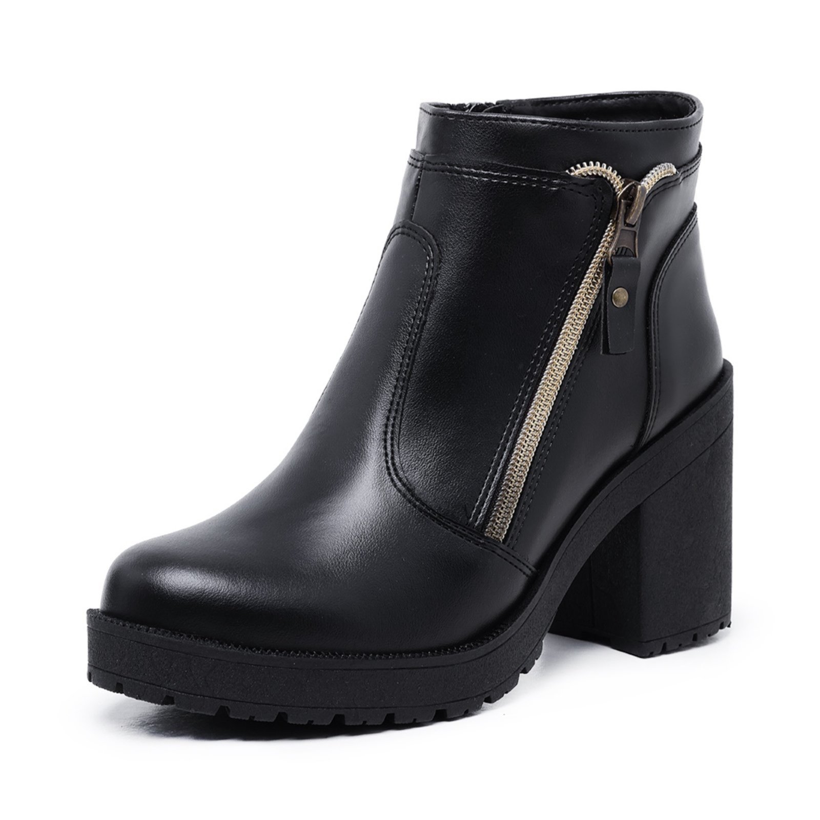 Bota Cano Curto Feminina Salto Bloco com Ziper Lateral Preta