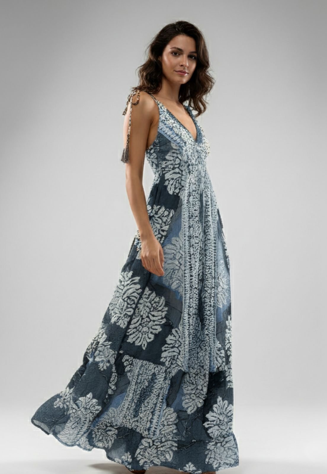 Vestido Longo Indiano Azul Feminino Estampado Verão Praia Fresco