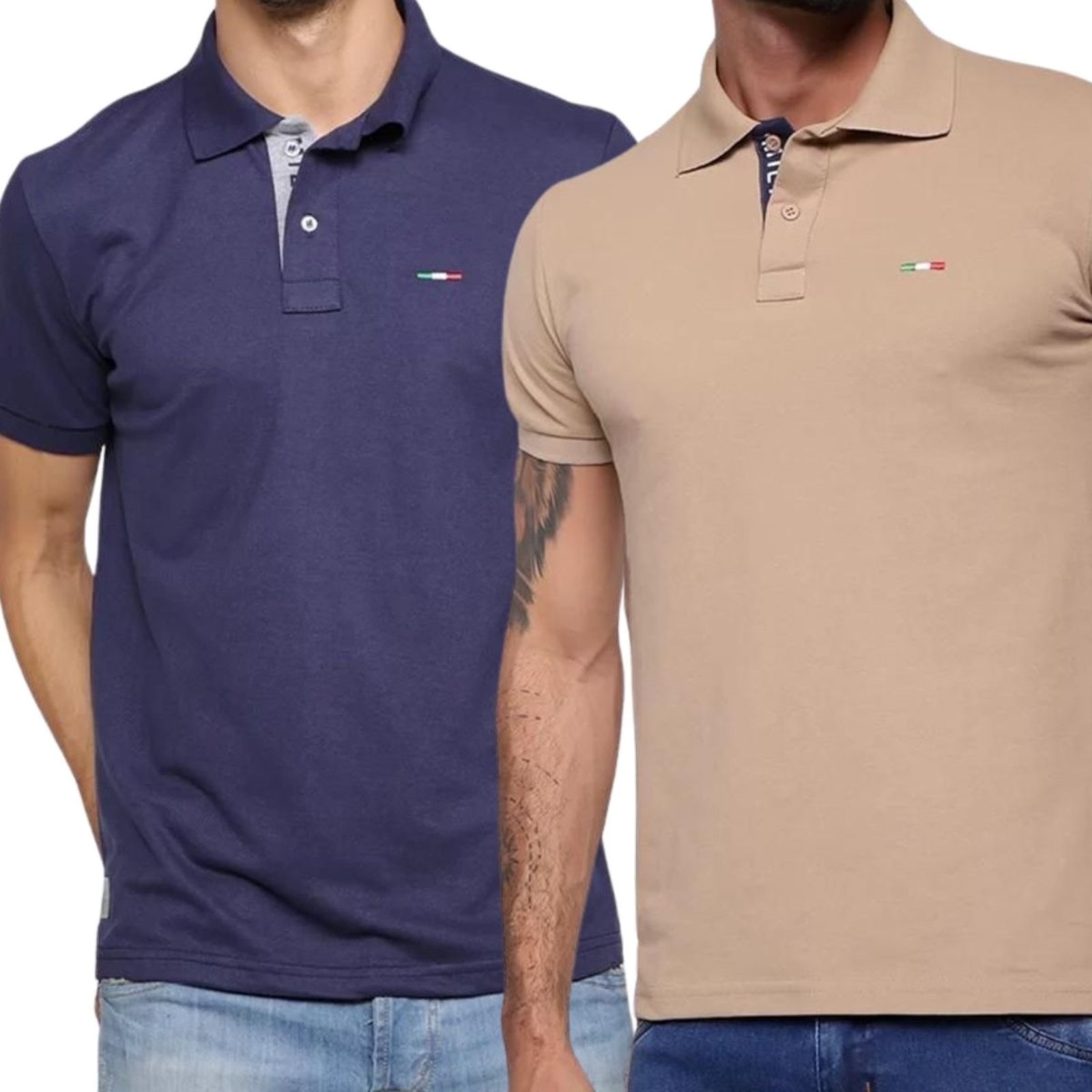 Kit 2 Polos Masculina Básicas FMF Marinho e Bege Piquet no Estilo Tommy Bordado Itália