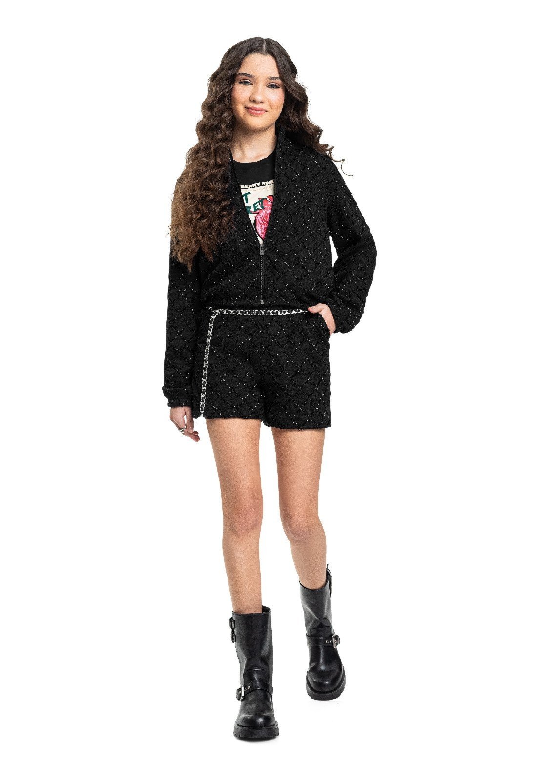 Infantil - Jaqueta Bomber Juvenil Poliéster Gloss Preto