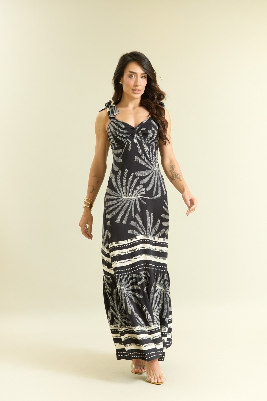 Vestido Longo Estampado Tropical Feminino Preto Lemier Collection