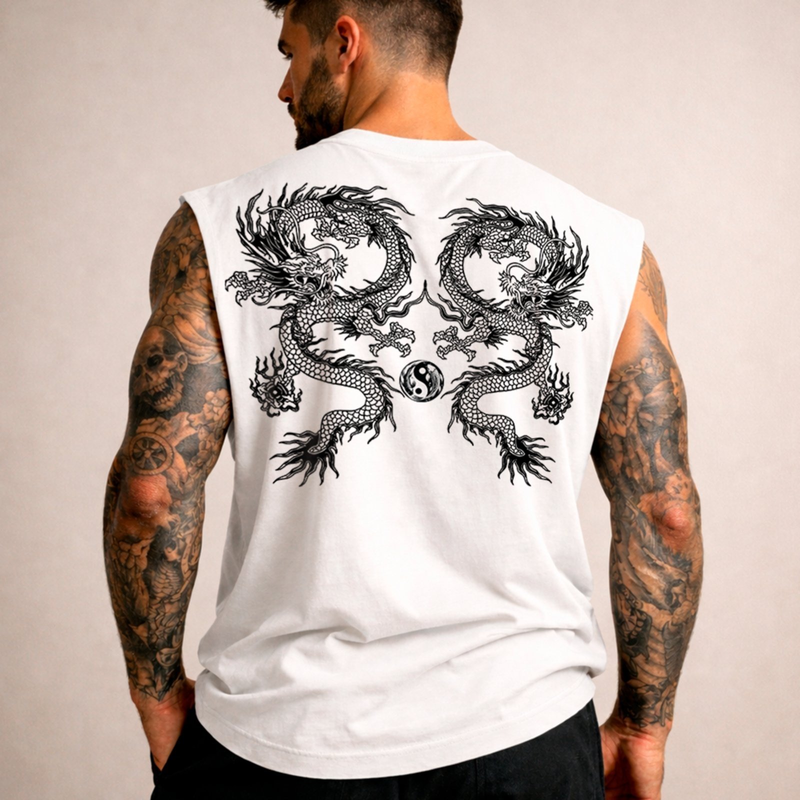 Camiseta Regata Machão Japão Dragões Yin Yang Street Branco