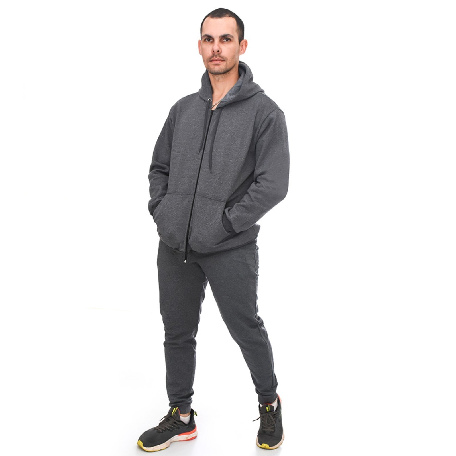Conjunto Em Moletom Blusa Com Zíper e Capuz Jaqueta E Calça Estilo Jogger Adulto Grafite Aliarthe