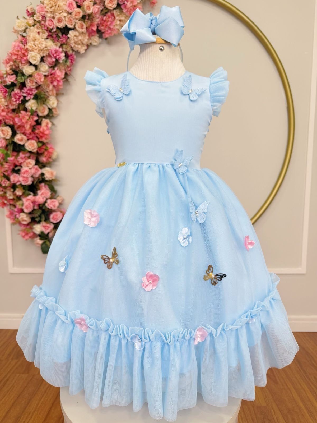 Infantil - Vestido Festa Azul Claro Serenity Formatura Florista Casamento Borboletas Flores Dama Daminha Social Menina Juvenil Pérolas Princesa Rodado Aniversário Luxo