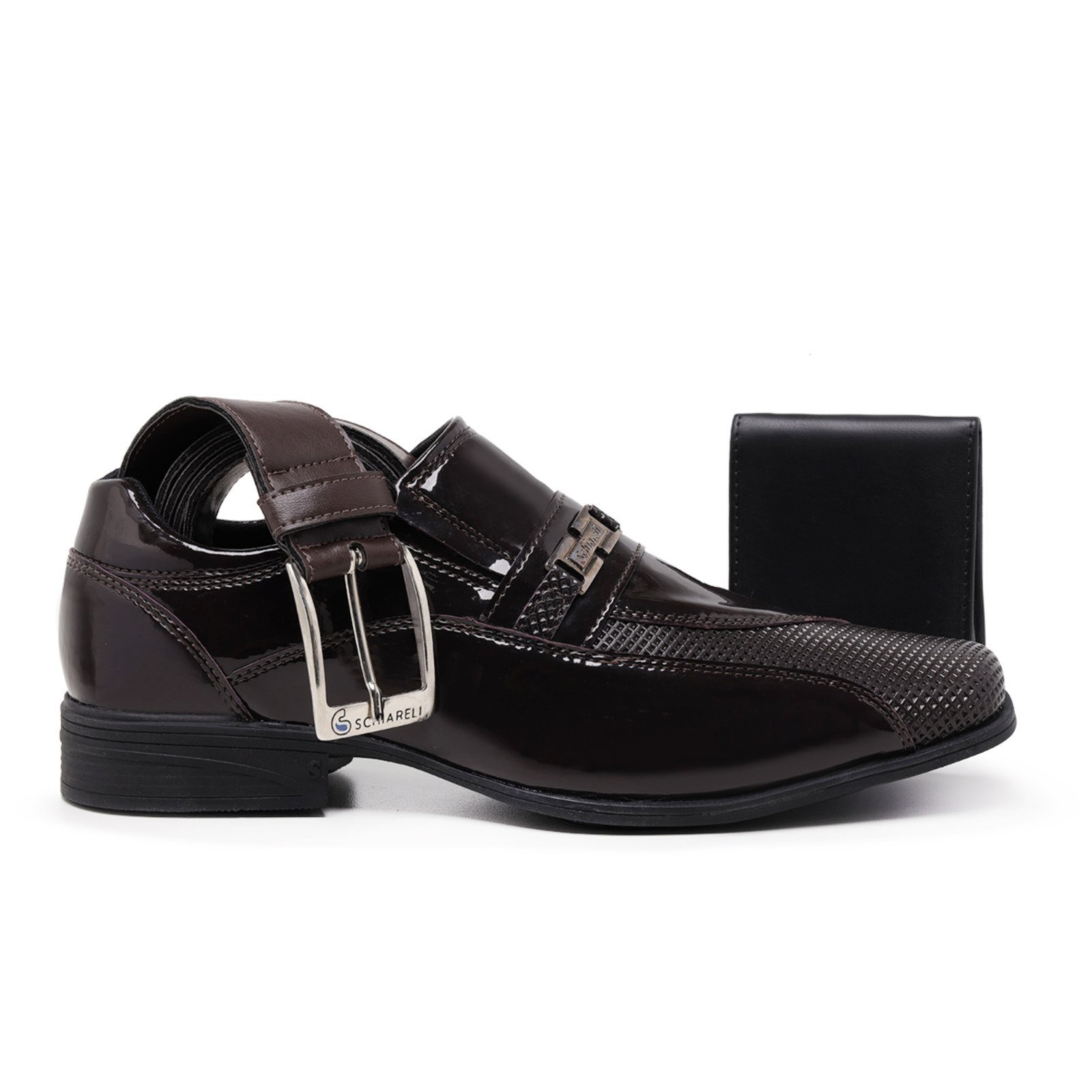 Kit Sapato Masculino Social Com Cinto e Carteira Verniz Casamento Trabalhar Em Loja 836 Marrom