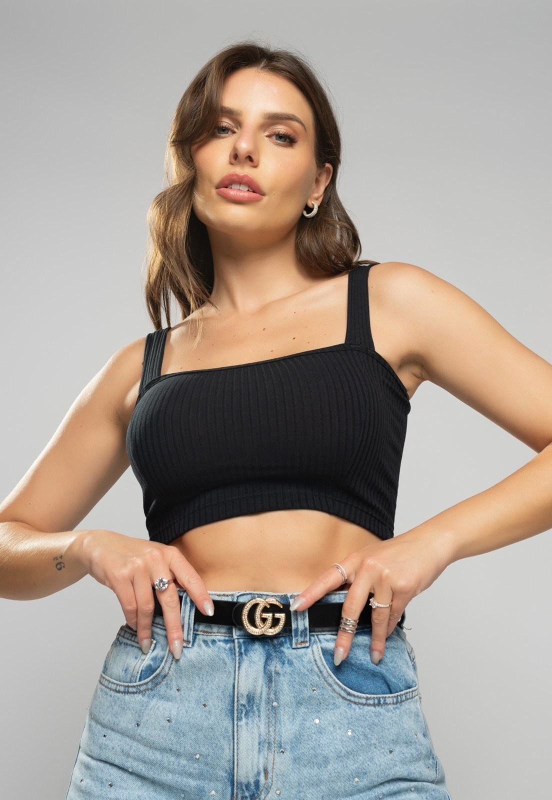 Cropped Salvatore Top Faixa Comfy Malha Canelada Preto