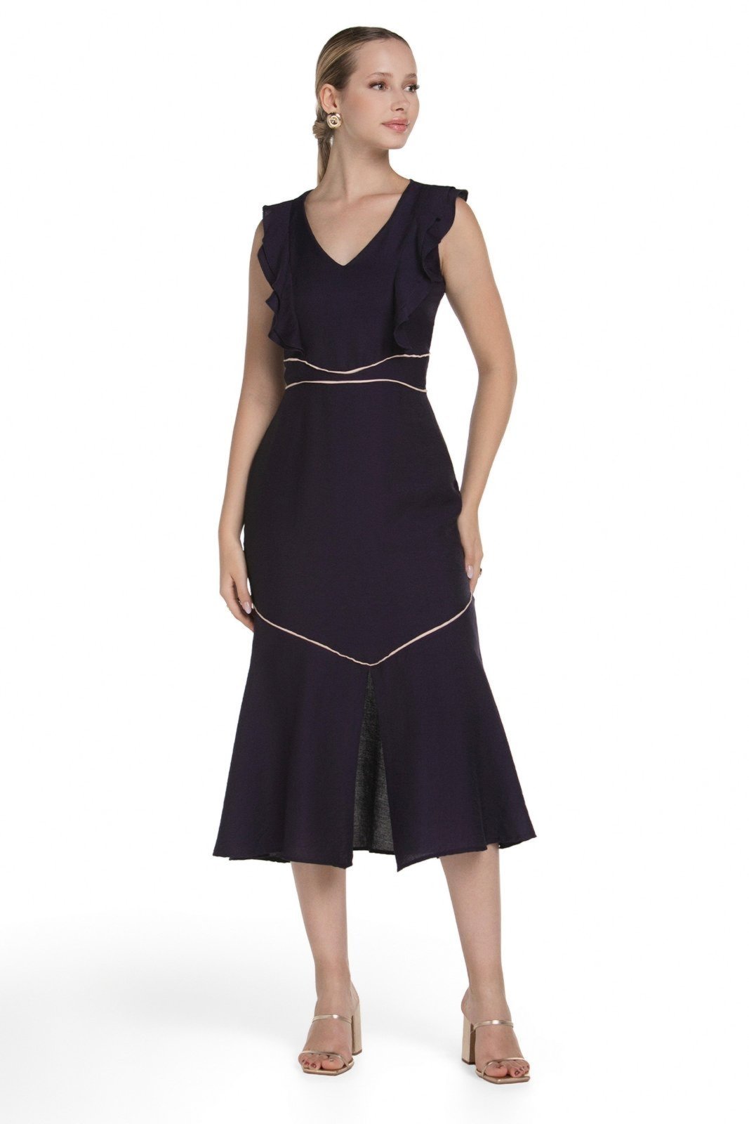Vestido Midi Forrado Aura Marinho – Zaiko