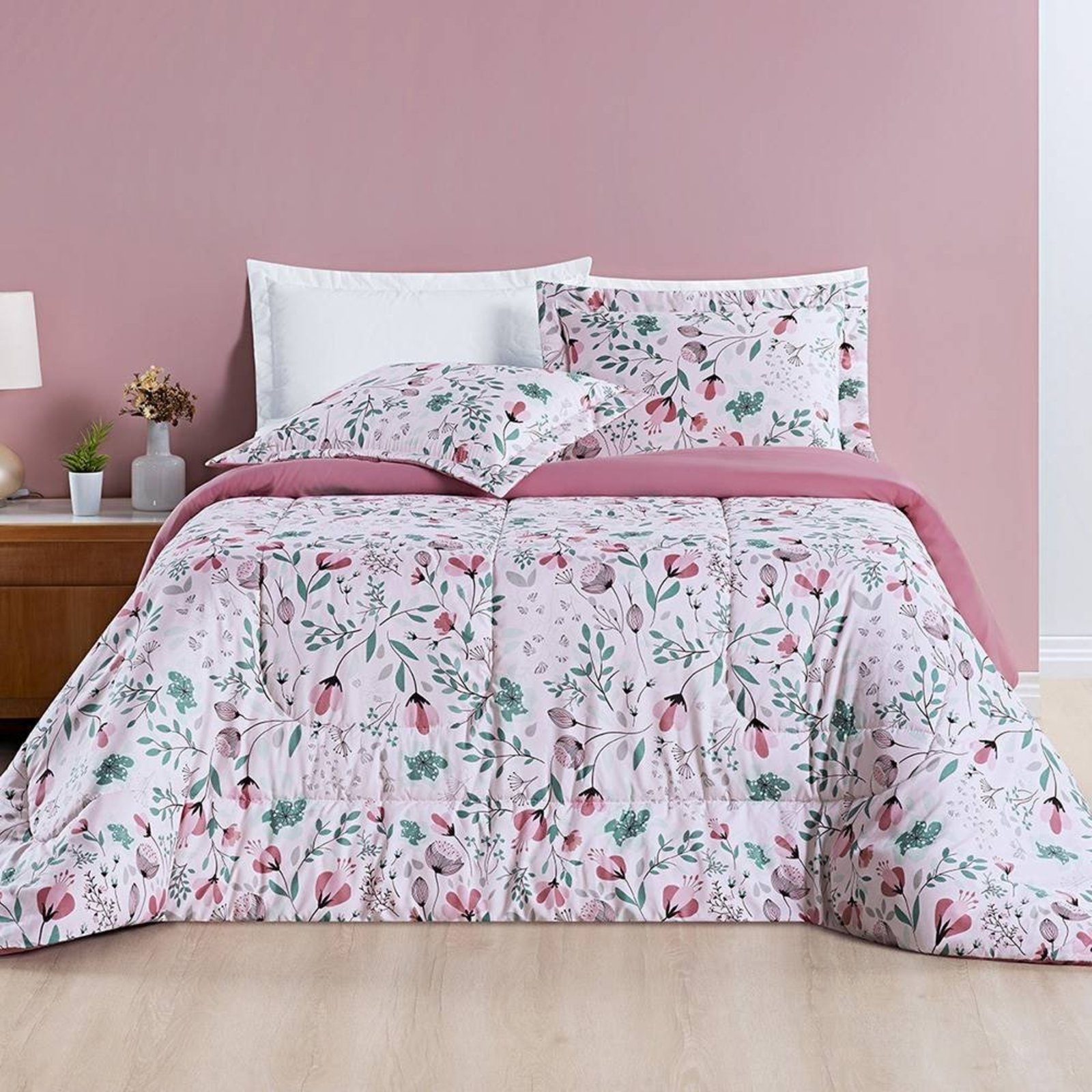 Edredom Casal Casa Modelo Enxovais Botanica Dupla Face 200 Fios toque de algodão 3 Peças