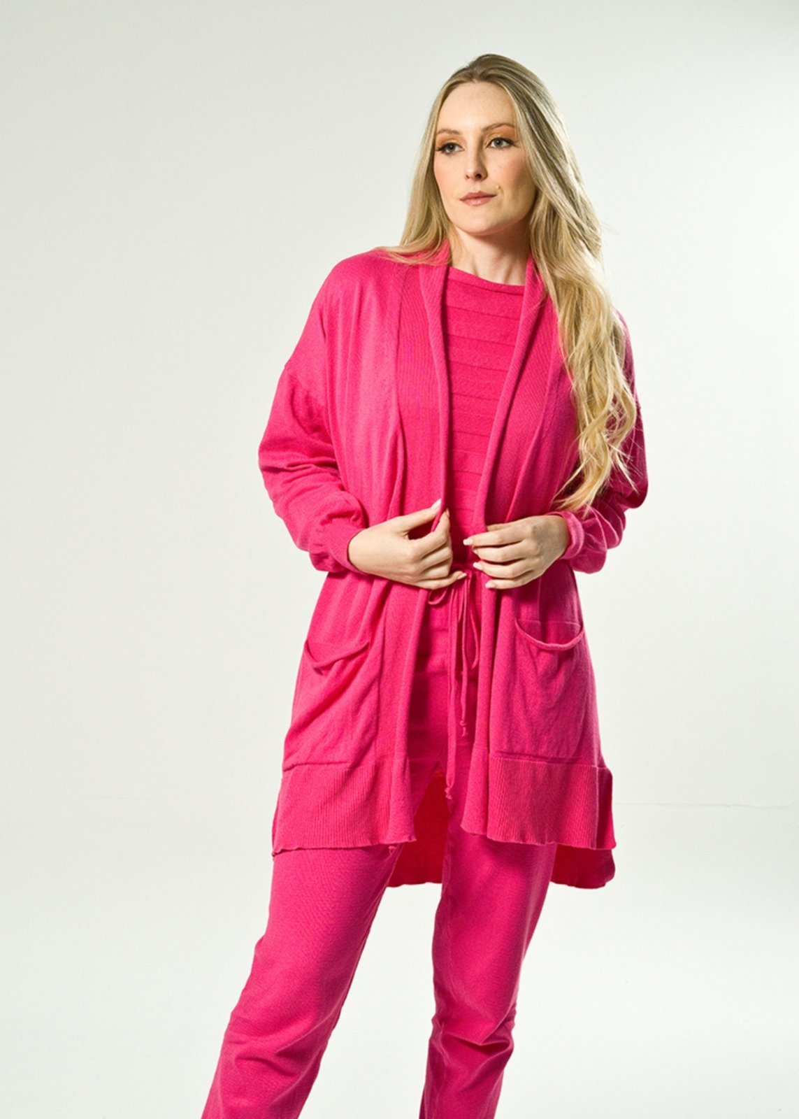 Casaco Tricô Algodão Shirley Malhas Comprido com Bolso Rosa Pink