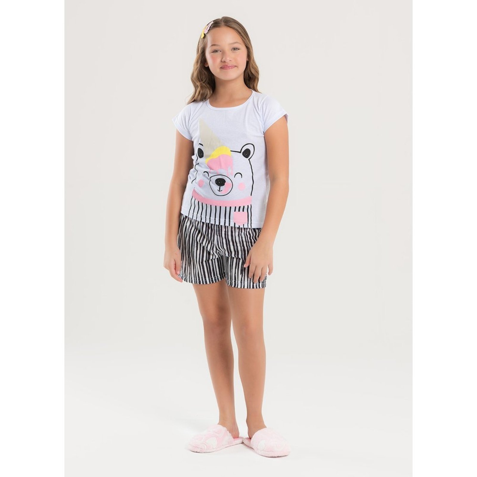 Pijama Verão Menina Branco Blusa e Shorts Ursinho com Sorvete