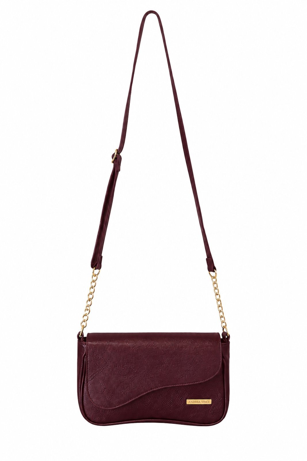 Bolsa transversal de couro liso com tampa e corrente Olga - Marsala