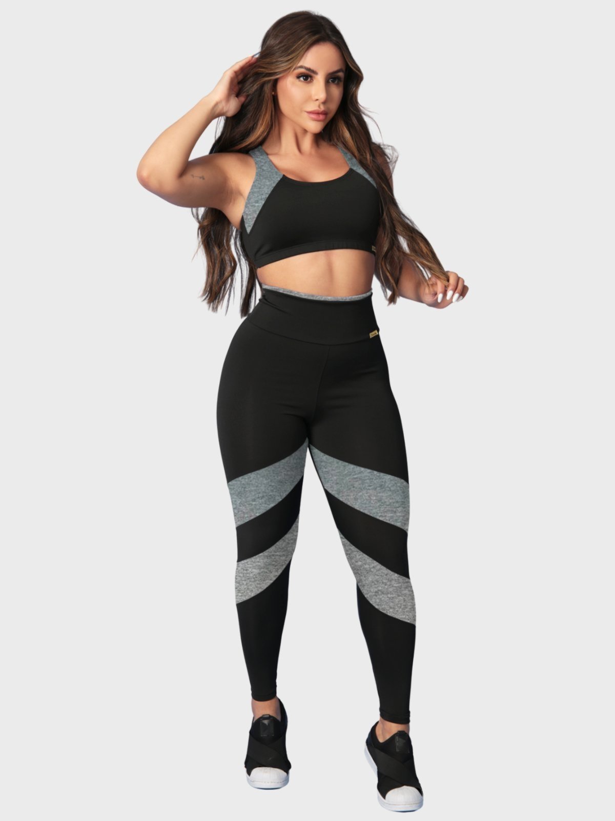Conjunto Fitness Tarelles Top Calça Legging Cintura Alta Preto e Cinza