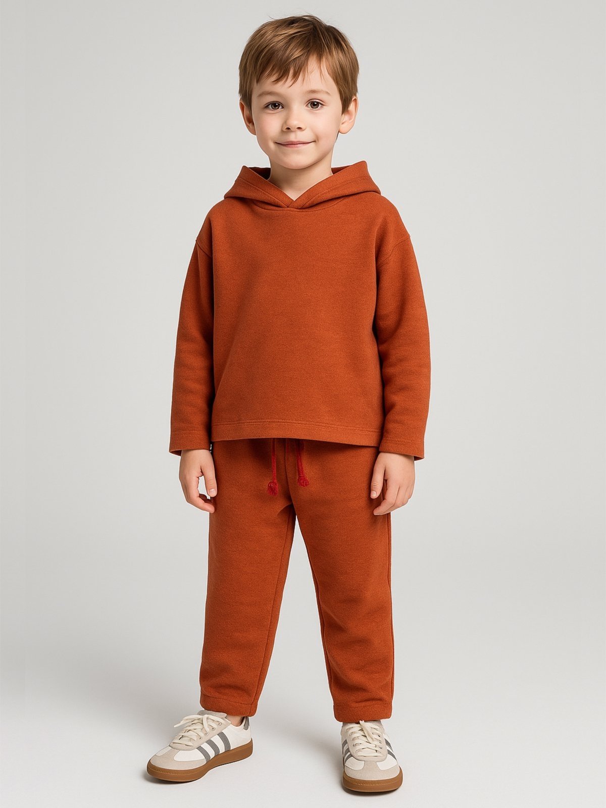 Infantil – Conjunto Bugbee Menino Frio Blusa Manga Comprida com Capuz Calça Amarração Frontal Moletom Stretch Sarjado Terracota Vintage