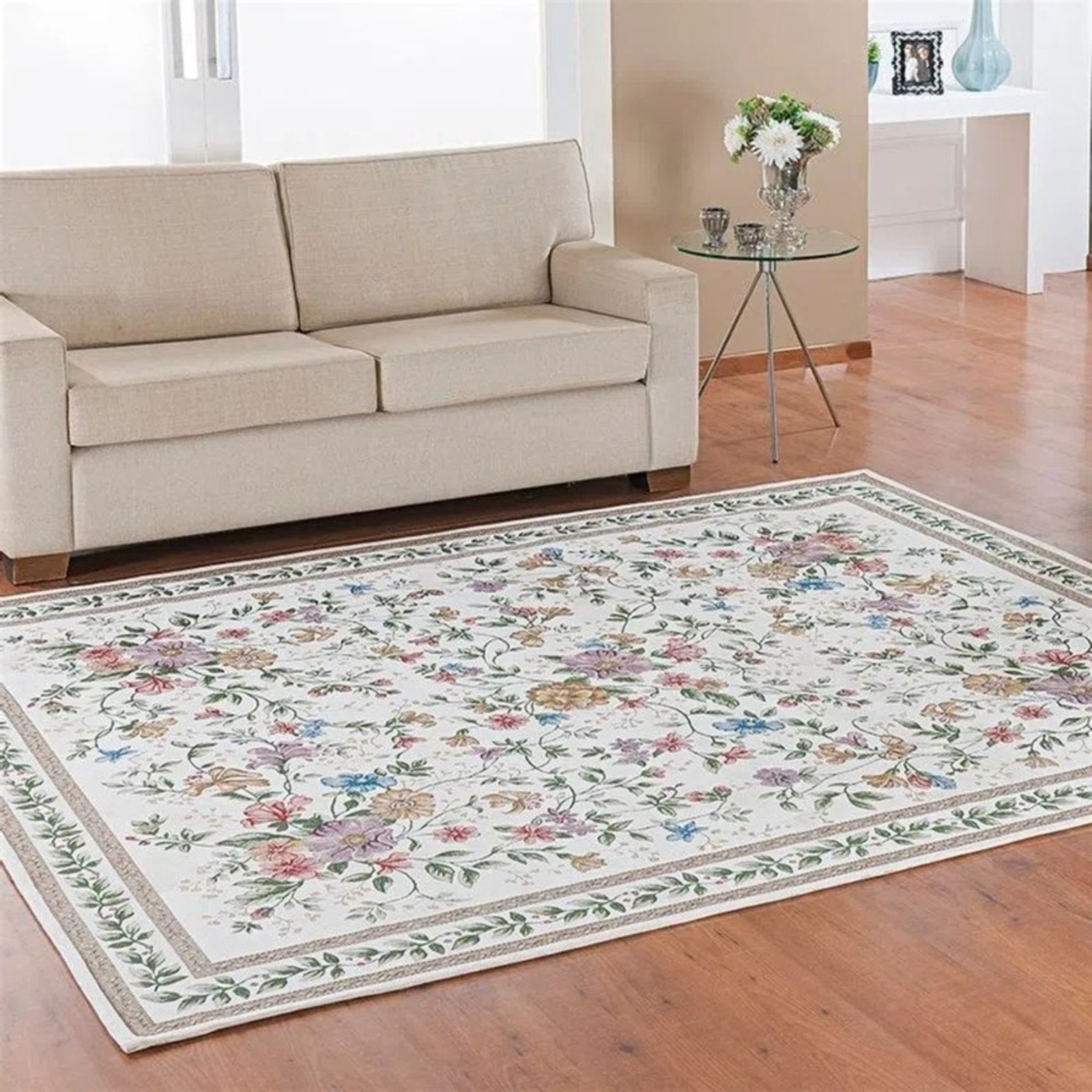 Tapete Sala Quarto 1,40×2,00 Antiderrapante Bege Florido