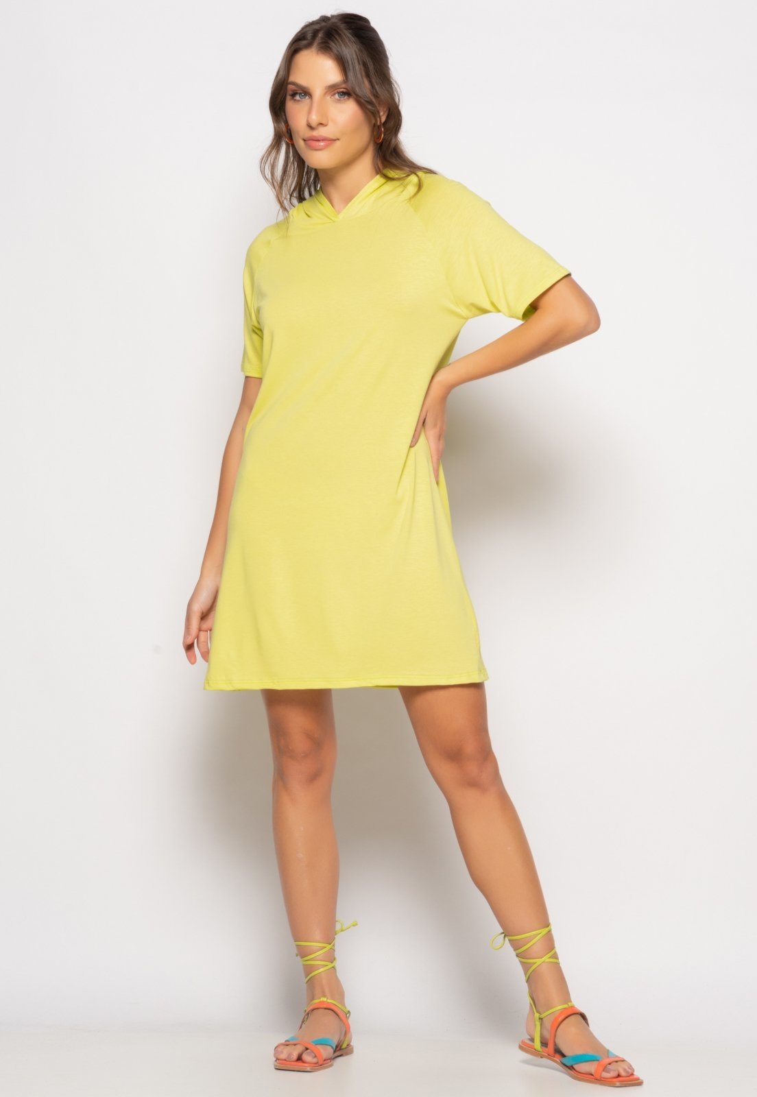 Vestido Curto Com Capuz Malha Salvatore Verde Limão