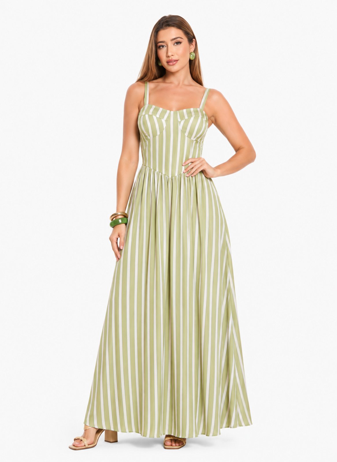 Vestido Longo Listrado D Bell Outlet Fashionde Alcinha Verde