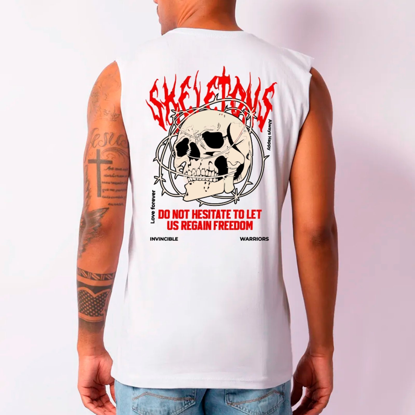 Camiseta Regata Machão Ousy Caveira Skeletons Oversized Masculina Branco