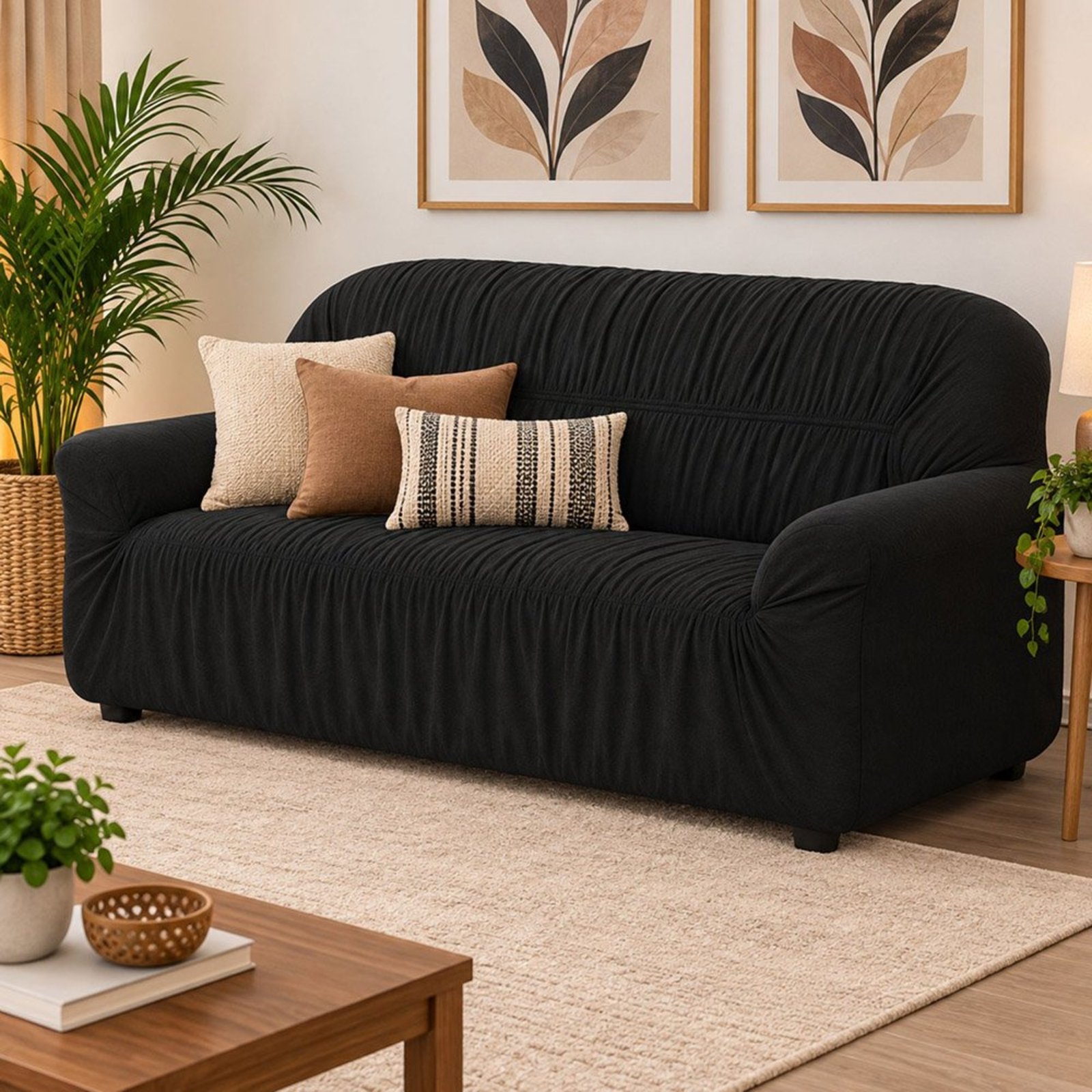 Capa para Sofá em Malha Elasticada 3 Lugares - Preto