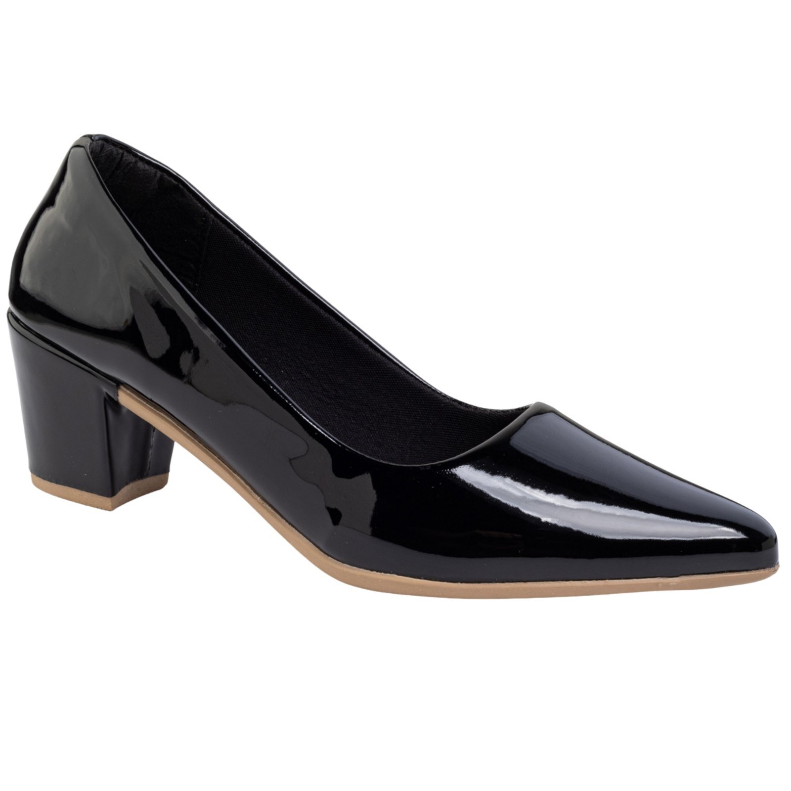 Sapato Scarpin Salto Grosso Bico Fino Verniz Preto Confortavel Via Angel 2201