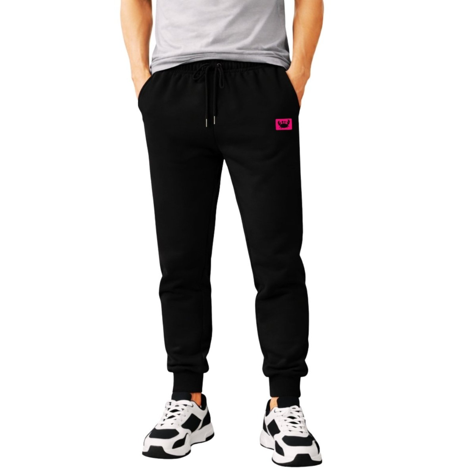 Calça Moletom Preto Neon Estampada Relaxado Modelo Jogger Bolsos Capuz Canguru