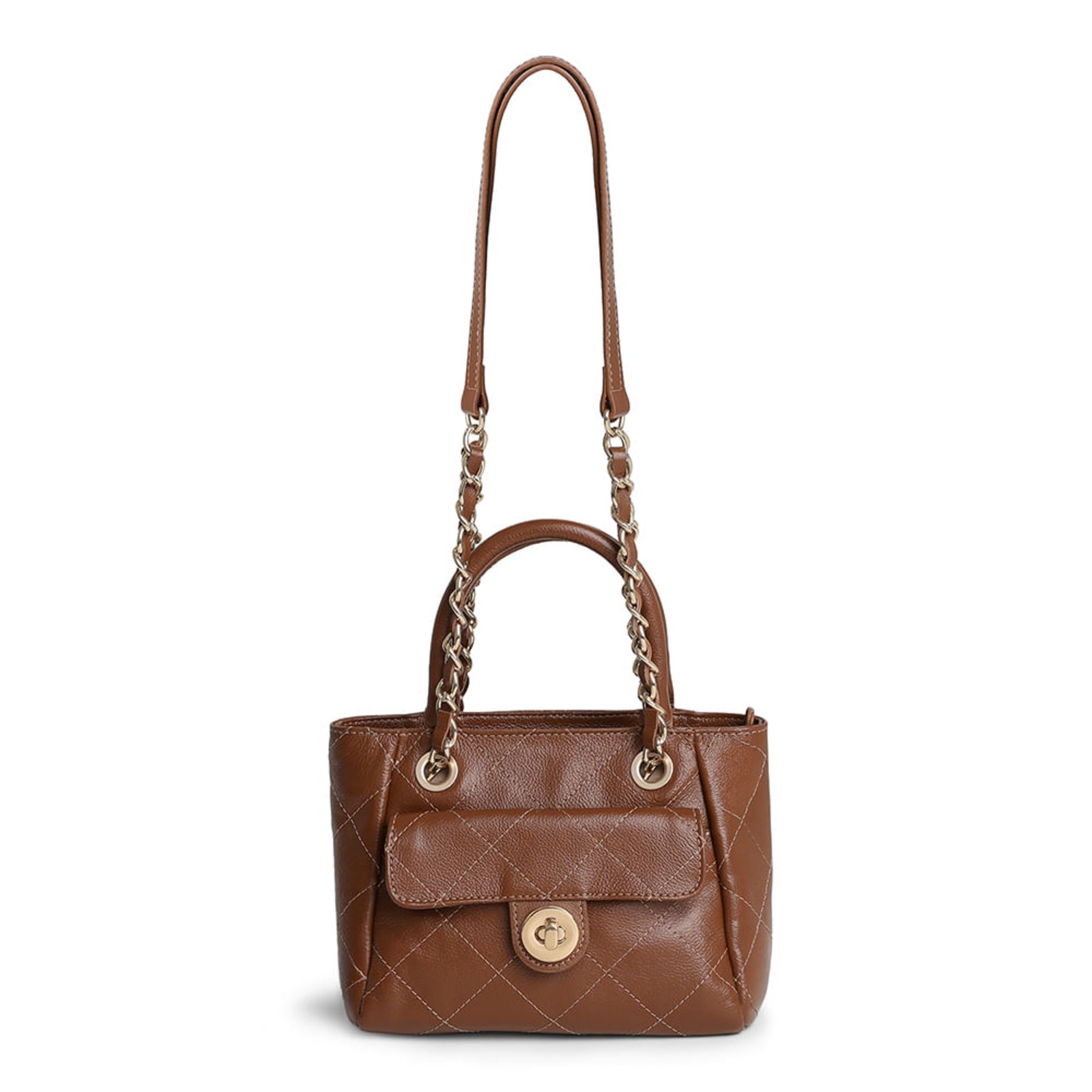 Bolsa Tote Em Couro Marrom Matelassê Com Corrente