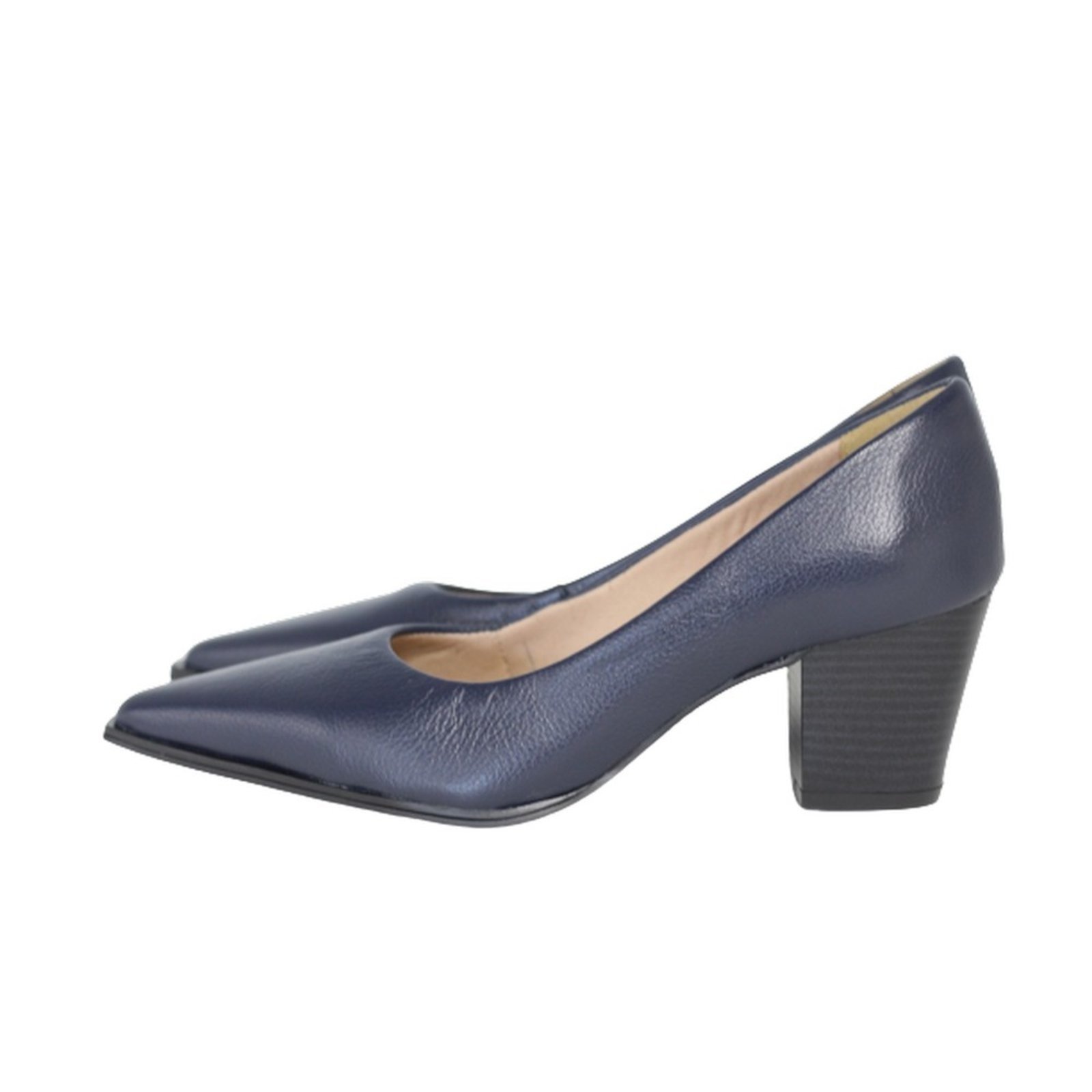 Scarpin Bico Fino em Couro Salto Grosso 6 CM Azul Spinelli