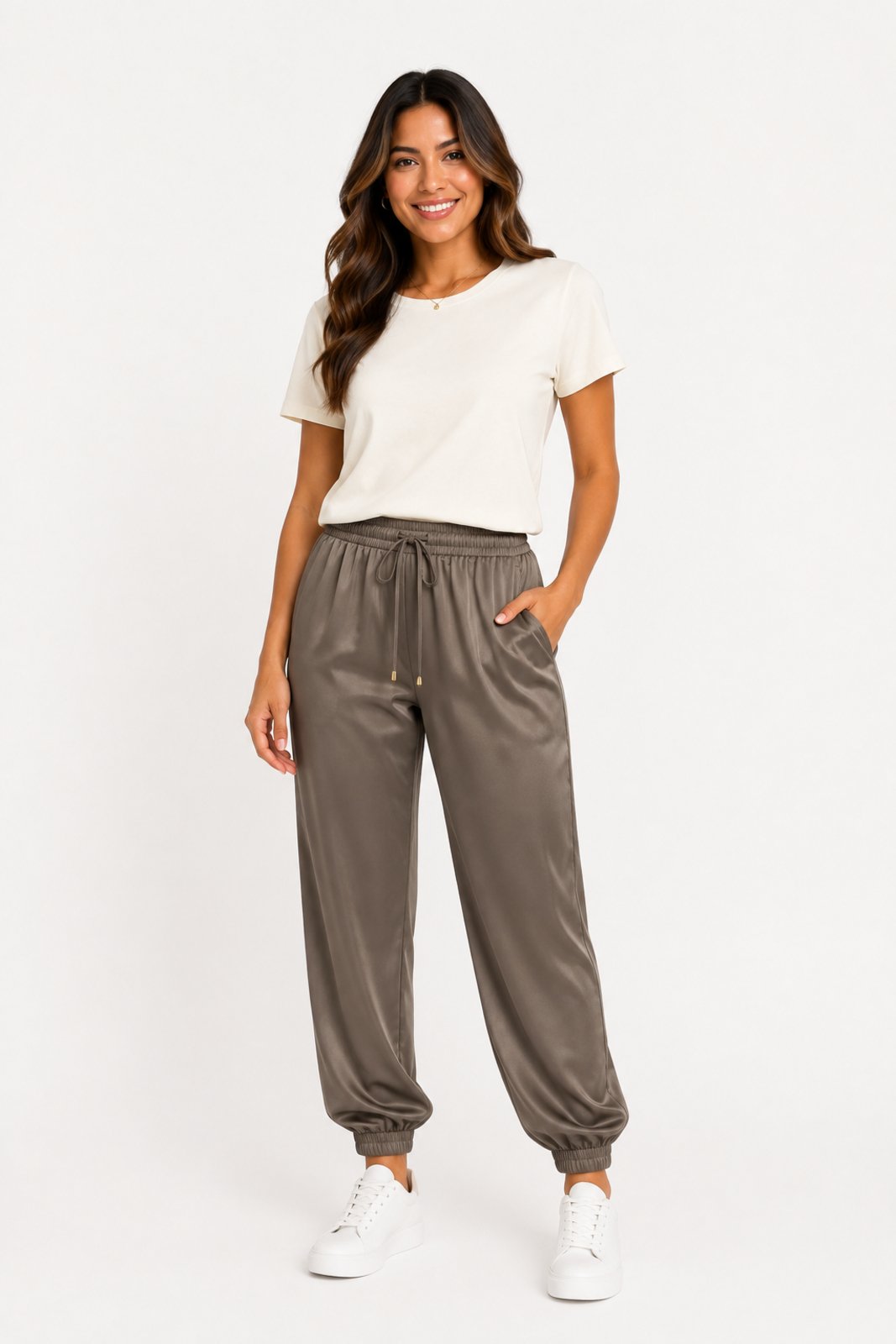 Calça Jogger D Bell Outlet Fashion Cetim Taupe