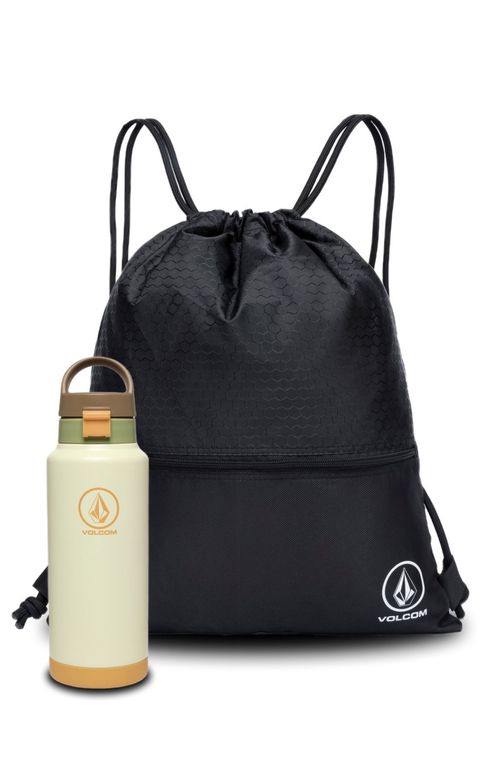 Kit Mochila Saco Passeio Reforçada Garrafa Bege Aço Inox 1L Volcom