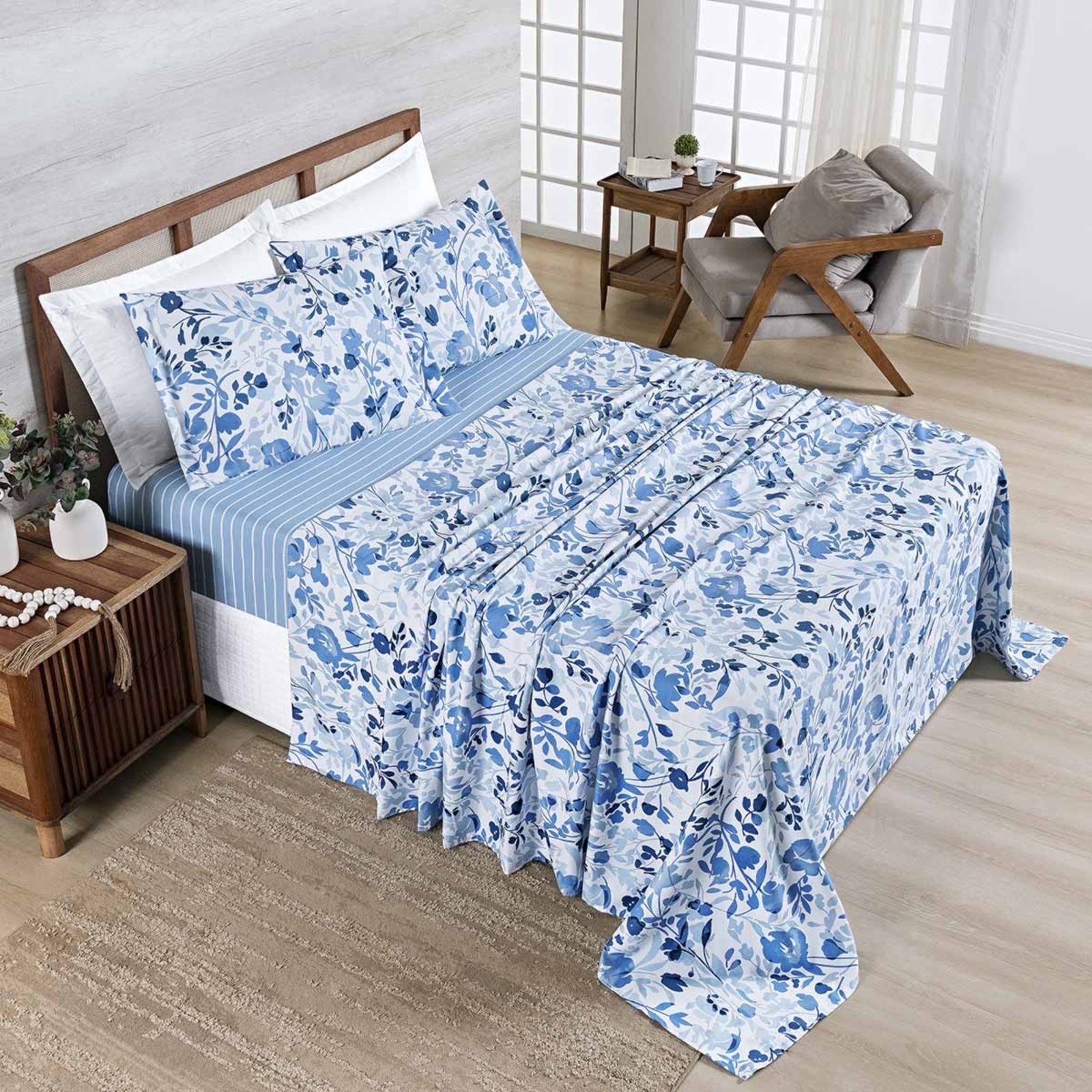 Jogo Cama Lençol Casa Scarpa Belle Queen 400 Fios Estampado 4 Peças Florido Azul