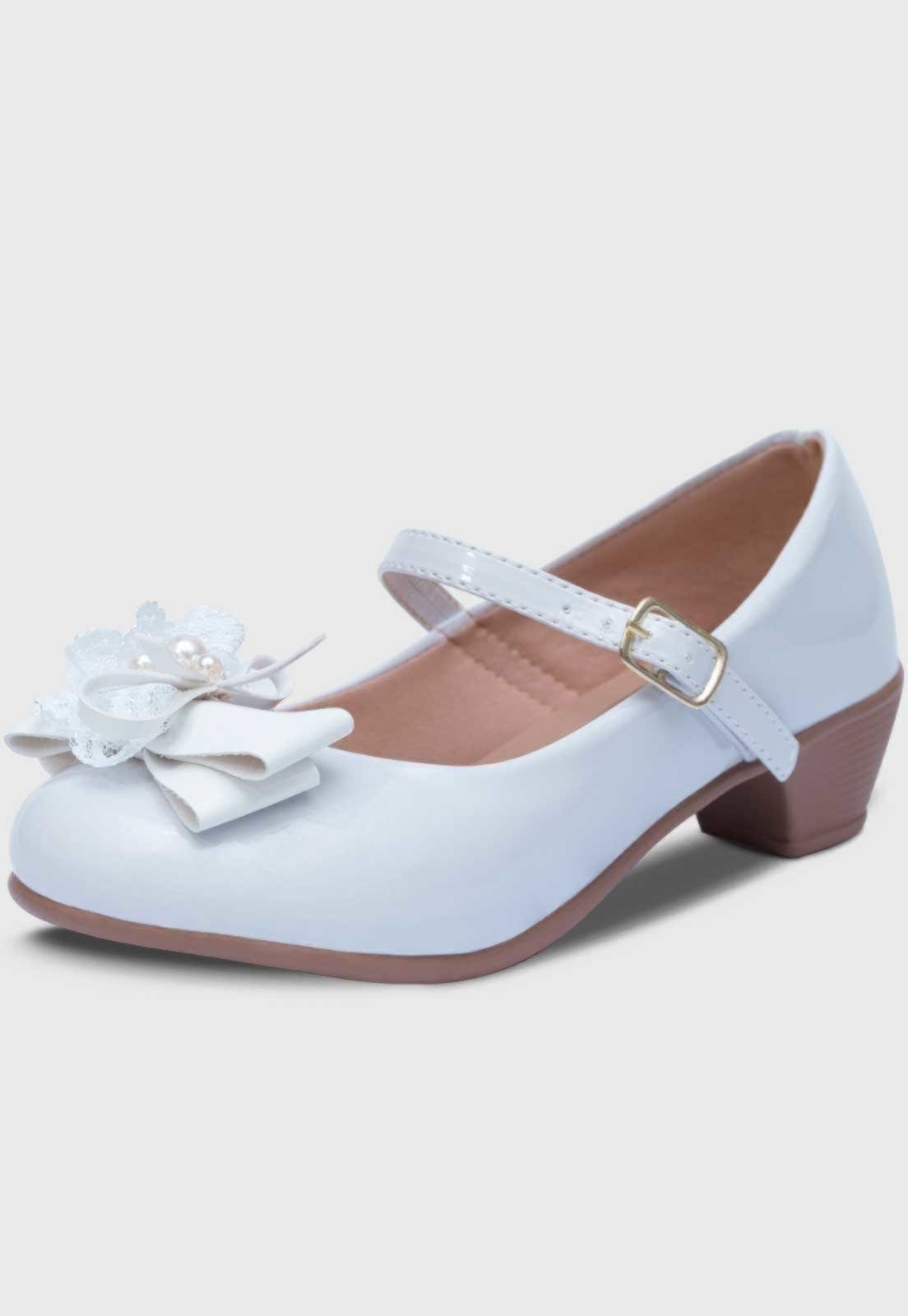 Infantil - Sapato de Salto Popidi Menina Laço Perola Renda Branco