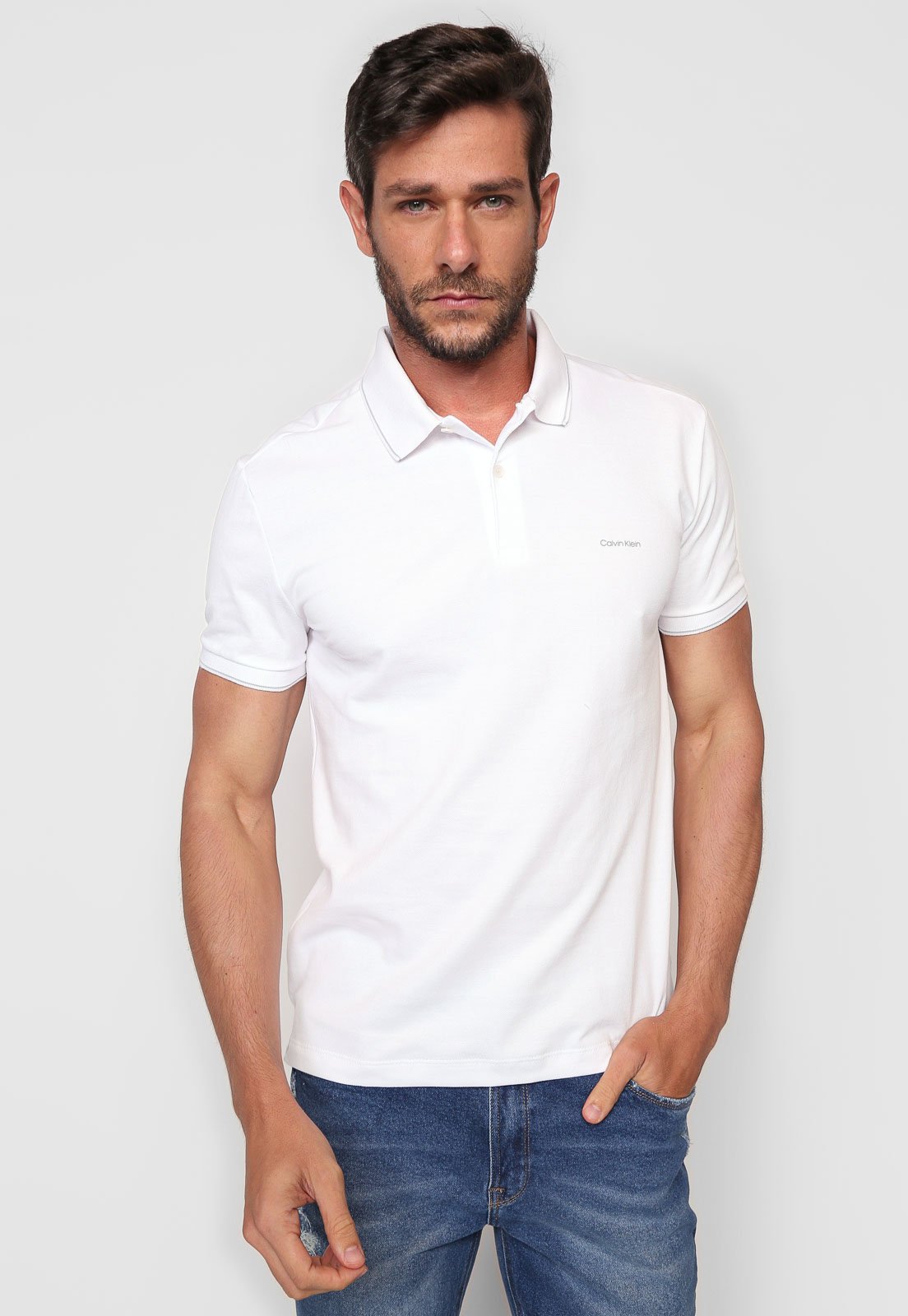 Camisa Polo Calvin Klein Reta Textura Branca