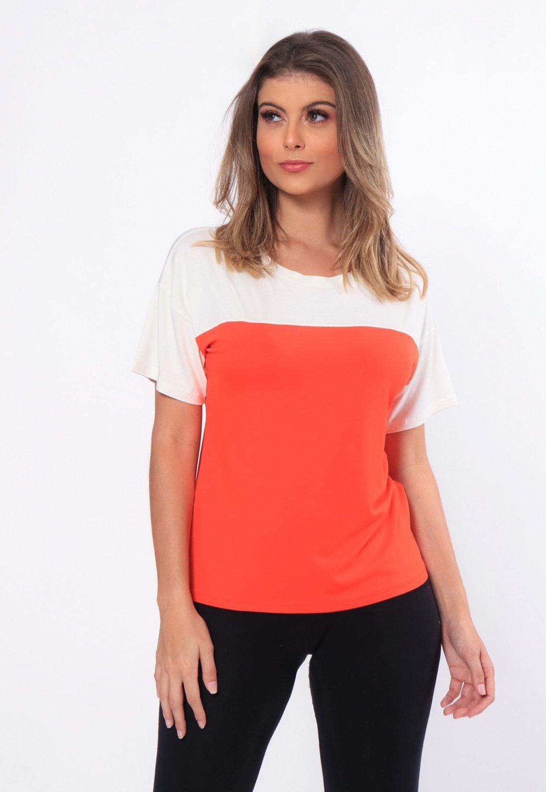 Blusa Viscose Feminina Manga Curta Com Recorte Bicolor 15002 Laranja