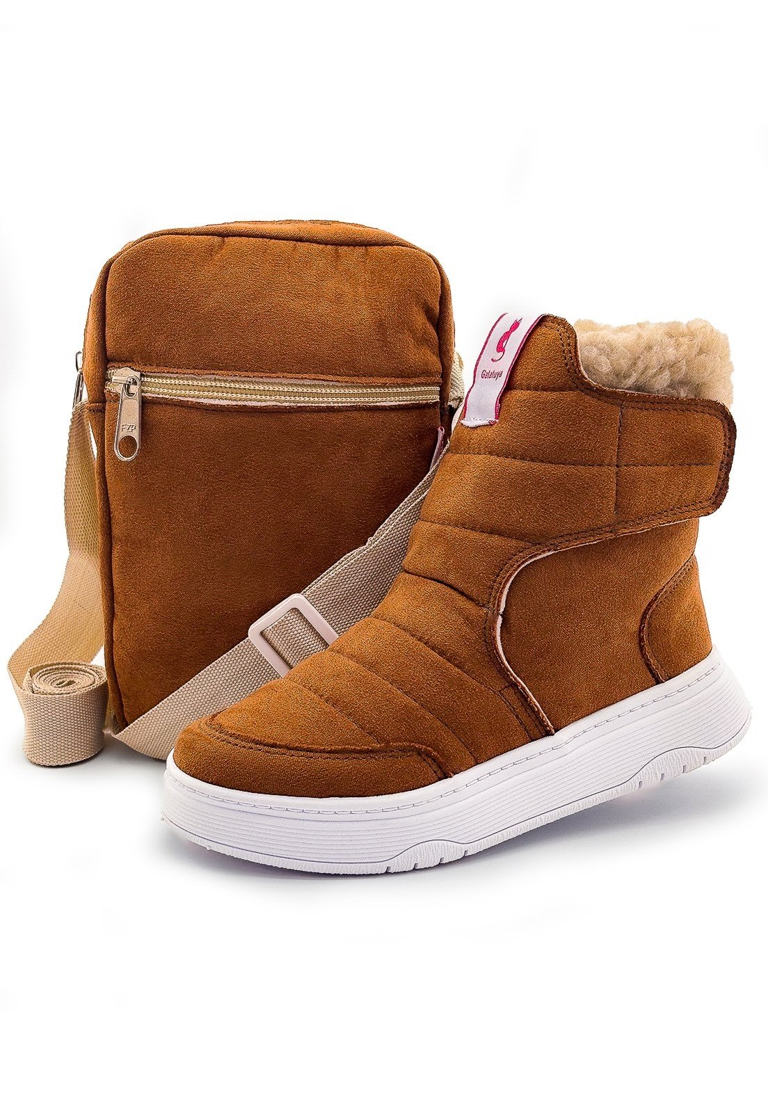 Infantil - Kit Botinha Menina Inverno Com Bolsa Conforto Cano Alto Calce Fácil Caramelo