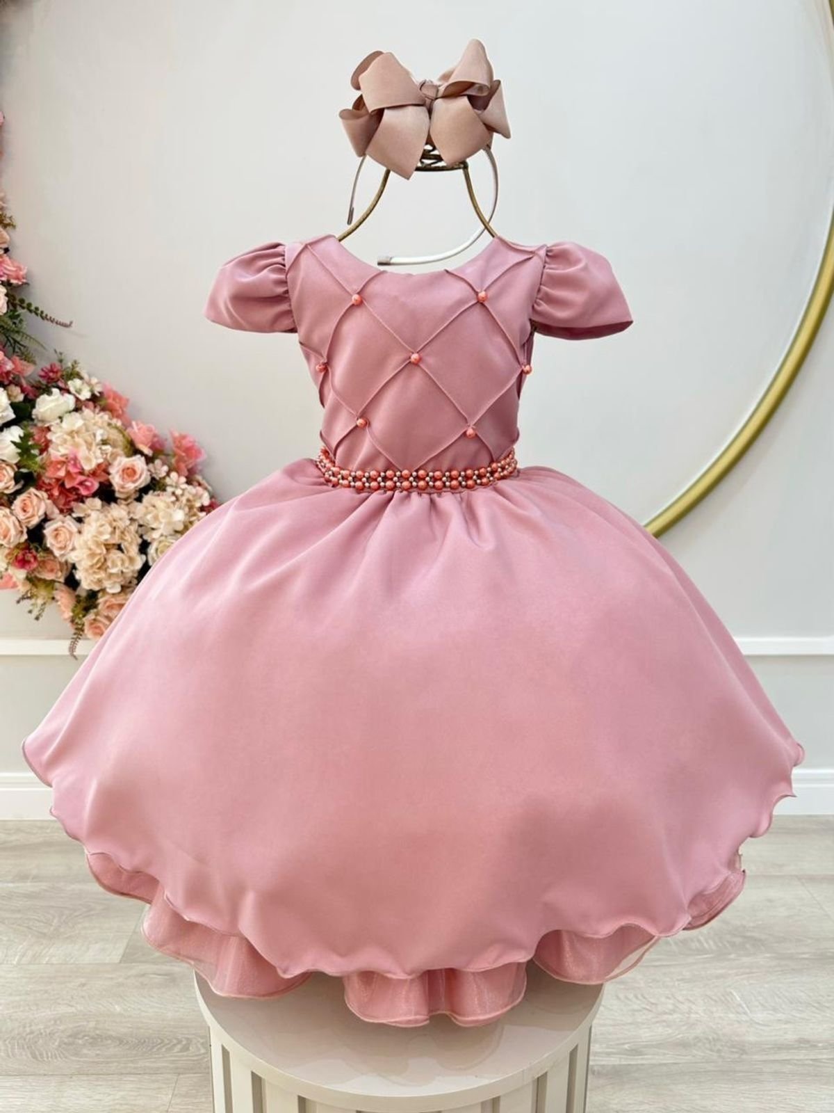 Infantil - Vestido Menina Juvenil Festa Rosa Rosé Nude Amêndoa Pérolas Formatura Casamento Juvenil Princesa Social Rodado Florista Dama Daminha Aniversário Luxo