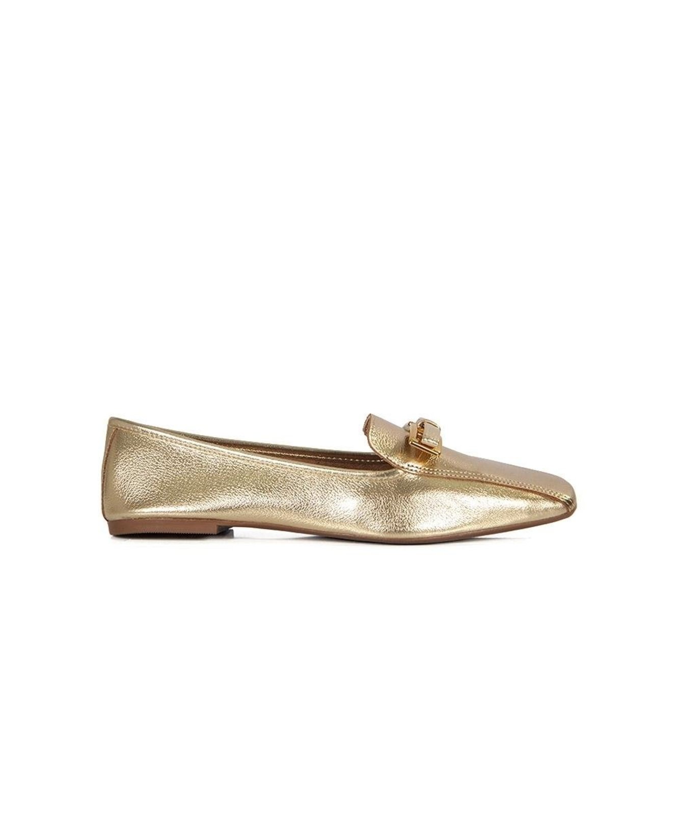 Mocassim Giulia Domna Bico Quadrado Couro Ouro Dourado