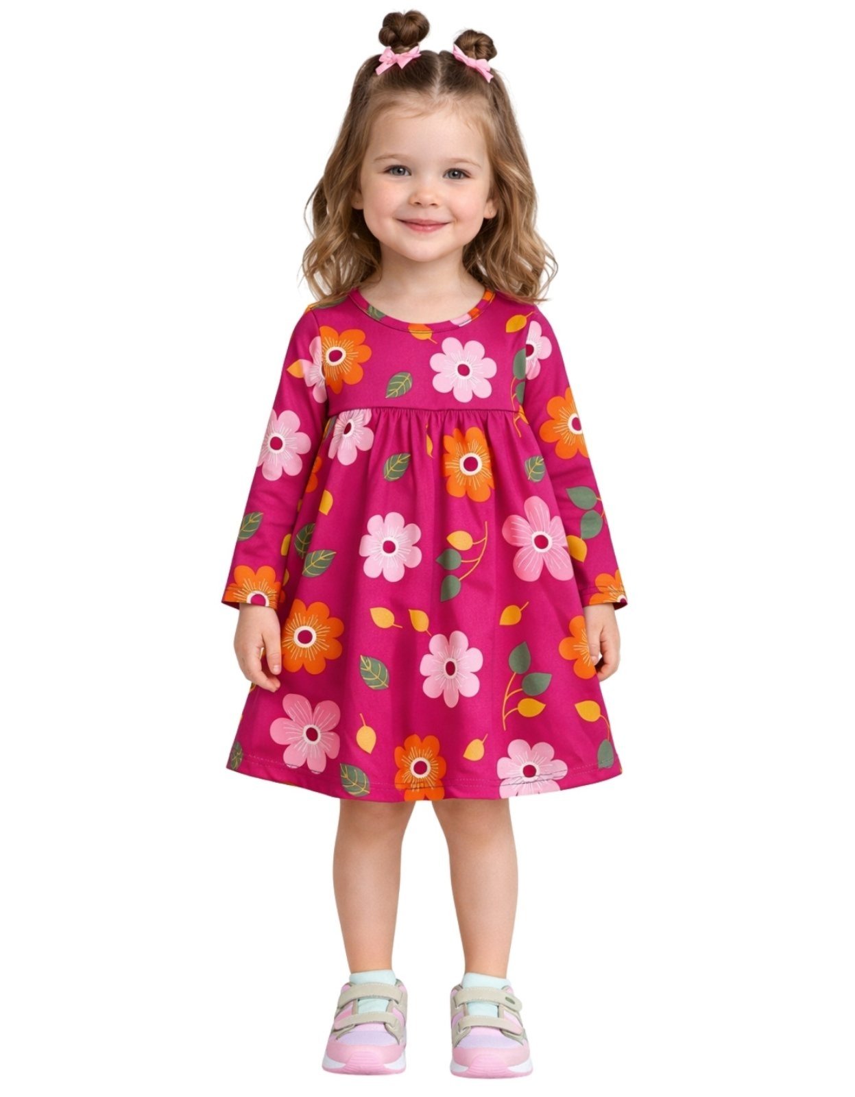 Vista 2 Infantil - Vestido Manga Longa Kyly Floral Magenta vinho magenta Kyly vinho magenta