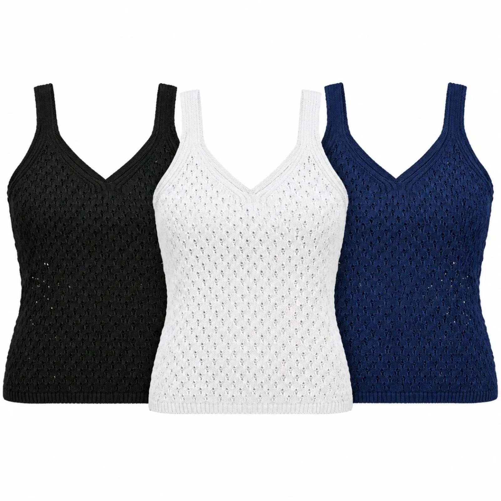 Kit 3 Regatas Femininas Tricô Furadinha Decote V Blusa de Alça Verão Marinho