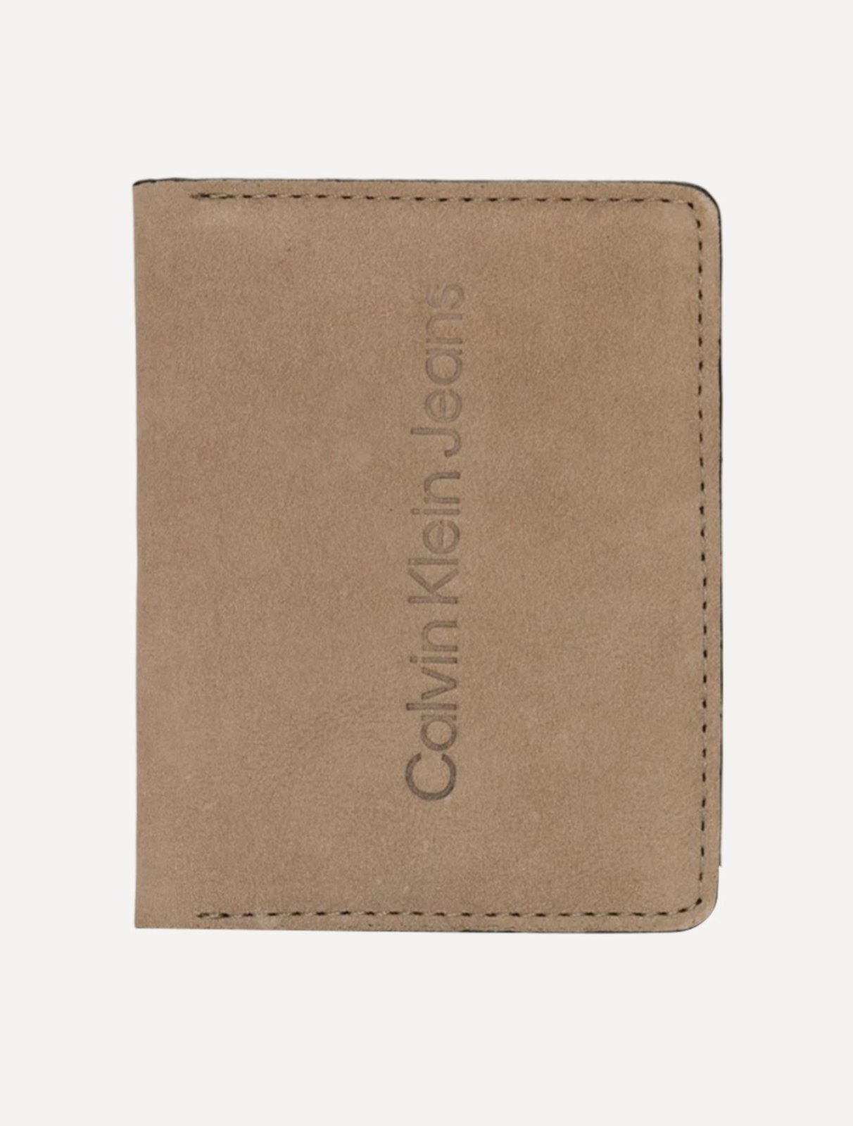 Carteira Calvin Klein Jeans Porta Cartão Nobuck Logo Cáqui Claro