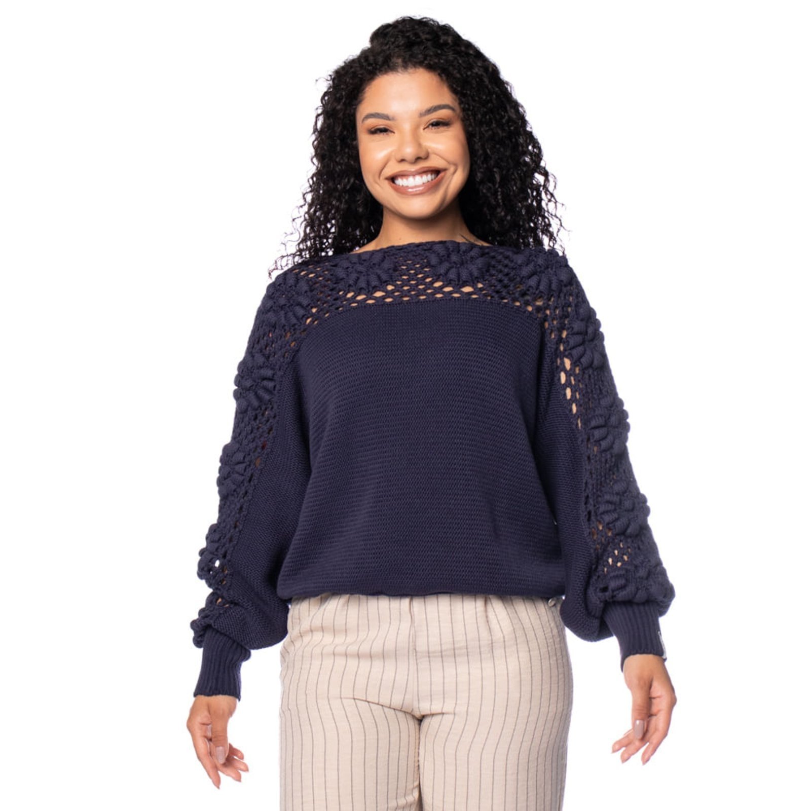 Blusa Feminina Biamar Algodão Ponto Margarida Azul Escuro